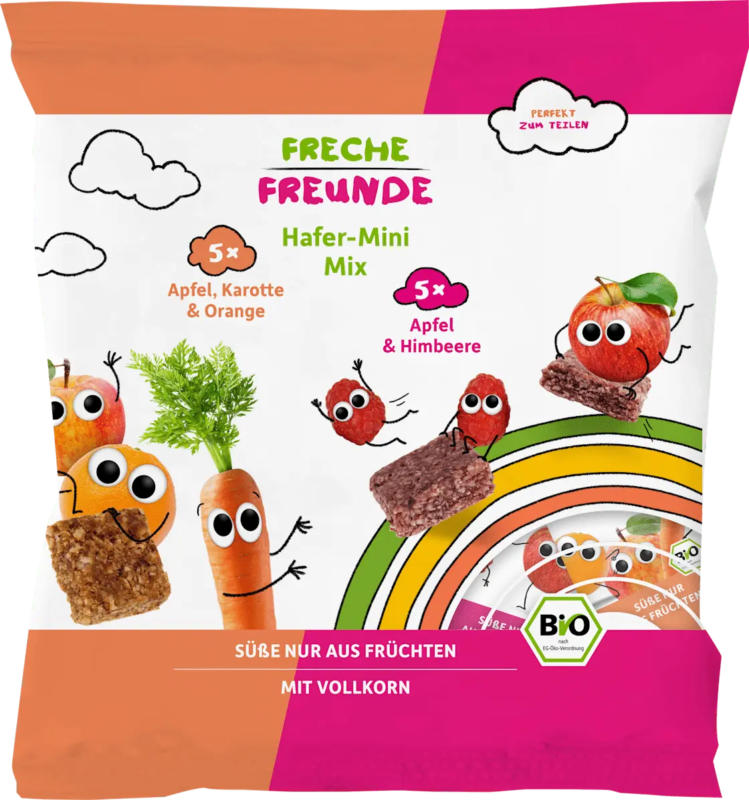 Freche Freunde Kindersnack Hafer-Mini Mix Karotte, Apfel, Orange & Apfel, Himbeere ab 3 Jahren