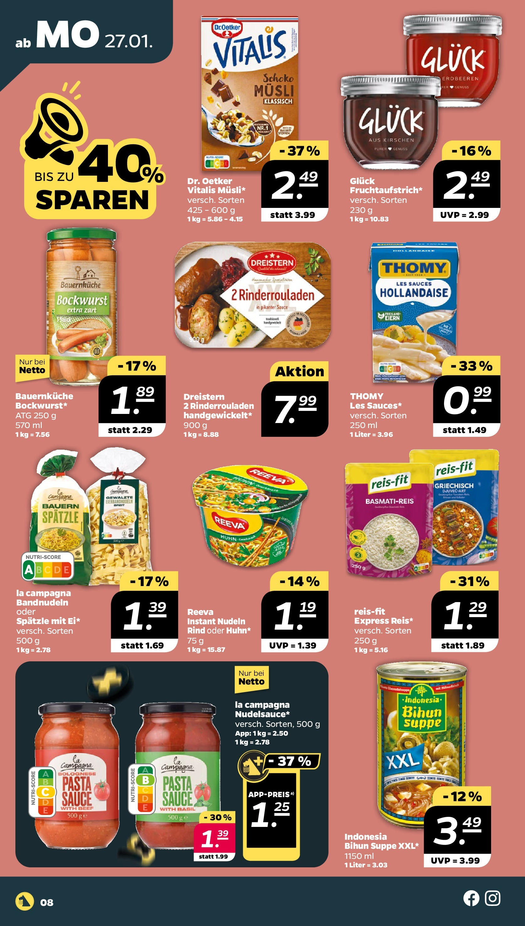 Netto - Netto APS : Wochenangebote ab 26.01.2025 → Angebote nächste Woche | Seite: 8 | Produkte: Rinderrouladen, Bockwurst, Pasta, Nudeln