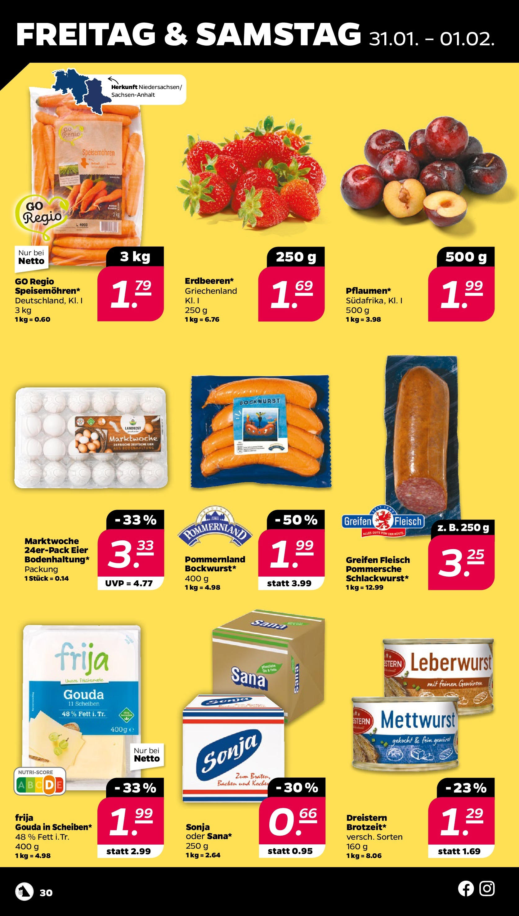 Netto - Netto APS : Wochenangebote ab 26.01.2025 → Angebote nächste Woche | Seite: 30 | Produkte: Bockwurst, Eier, Gouda, Fleisch