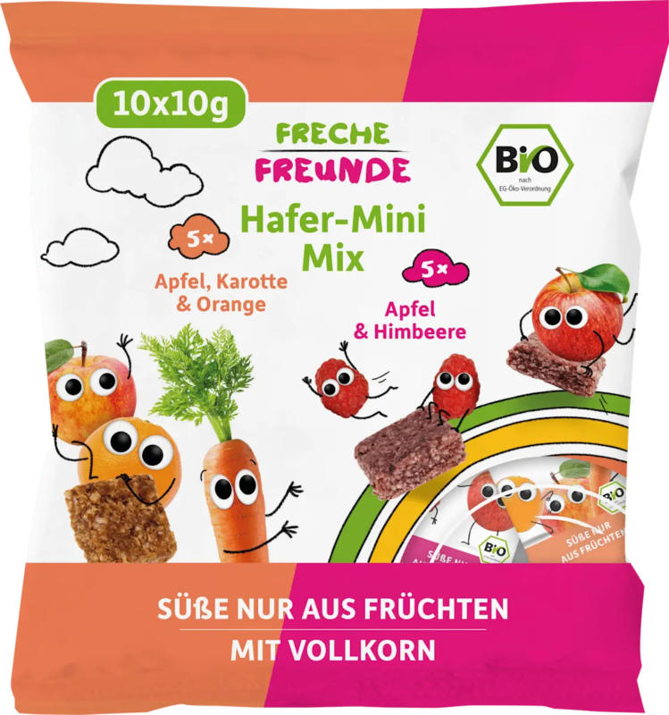 Freche Freunde Kindersnack Hafer-Mini Mix Karotte, Apfel, Orange & Apfel, Himbeere ab 3 Jahren