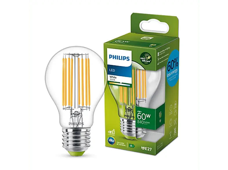 Philips LED Lampe 60W, E27, klar, weiß; Leuchtmittel