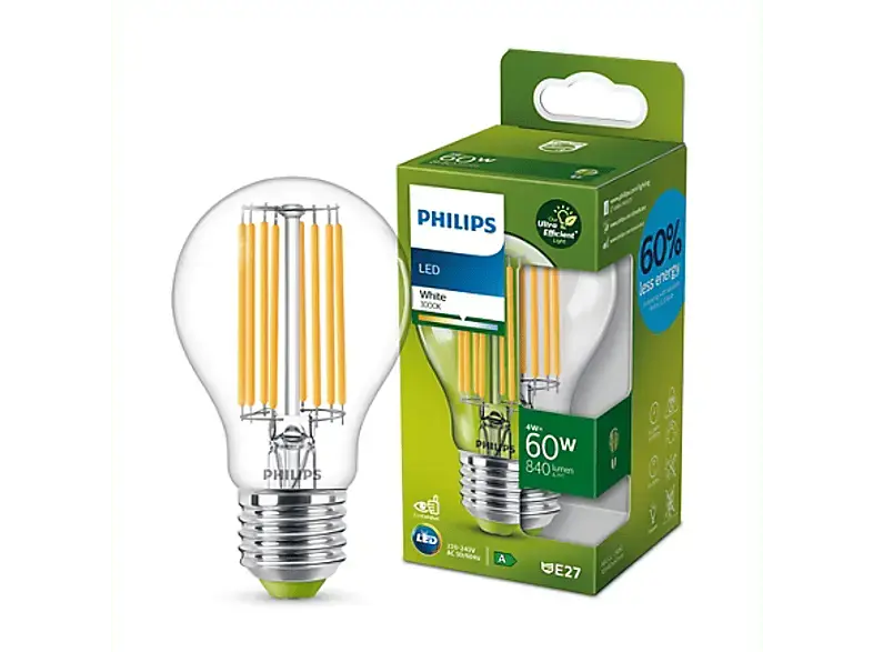 Philips LED Lampe 60W, E27, klar, weiß; Leuchtmittel