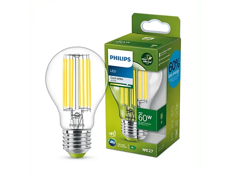 Philips LED Lampe 60W, E27, klar, kaltweiß; Leuchtmittel