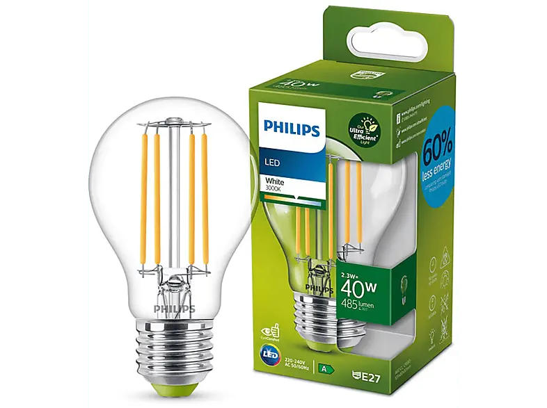 Philips LED Lampe 40W, E27, klar, weiß; Leuchtmittel