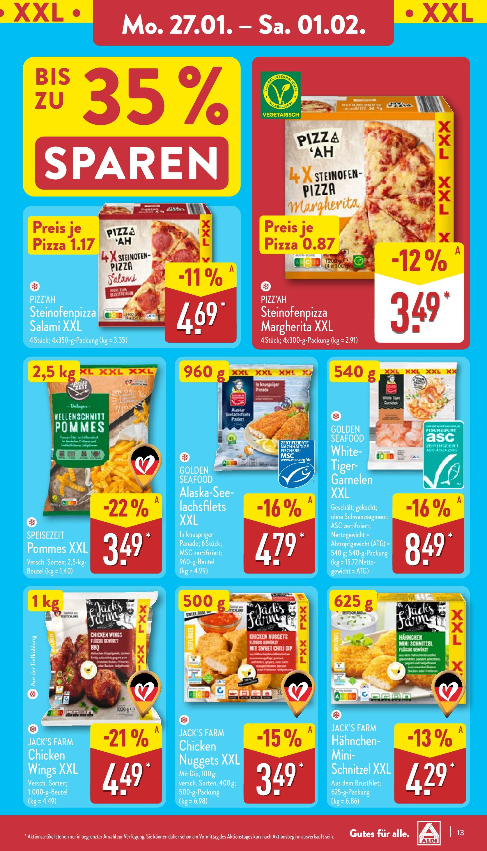 Aldi - ALDI Nord: Wochenangebote (ab 26.01.2025) » Angebote Online | Seite: 13 | Produkte: Pommes, Garnelen, Salami, Pizza