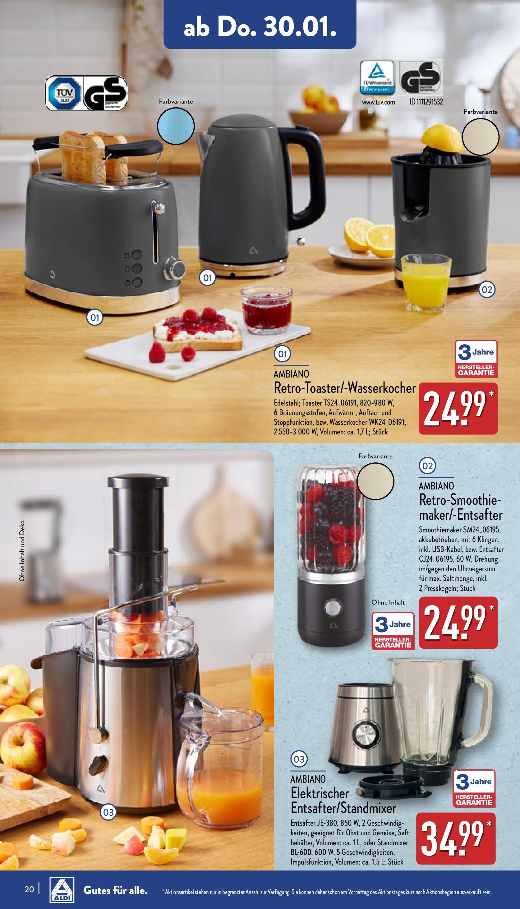 Aldi - ALDI Nord: Wochenangebote (ab 26.01.2025) » Angebote Online | Seite: 20 | Produkte: Wasserkocher, Toaster, Obst, Saft