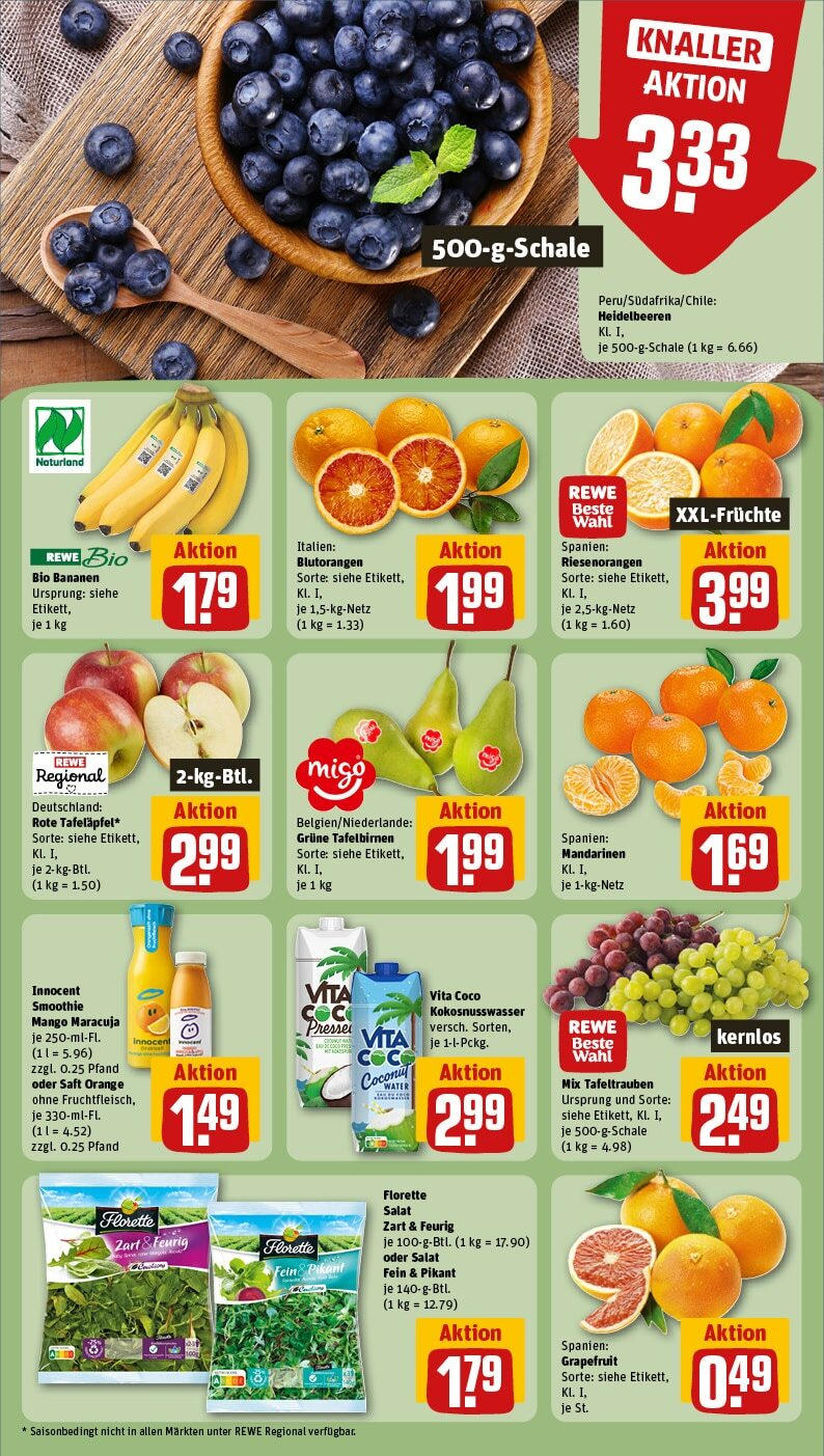 Rewe - Gütersloh, Osnabrücker Landstr. 1 (ab 27.01.2025) zum Blättern » Angebote | Seite: 8 | Produkte: Heidelbeeren, Mango, Saft, Salat