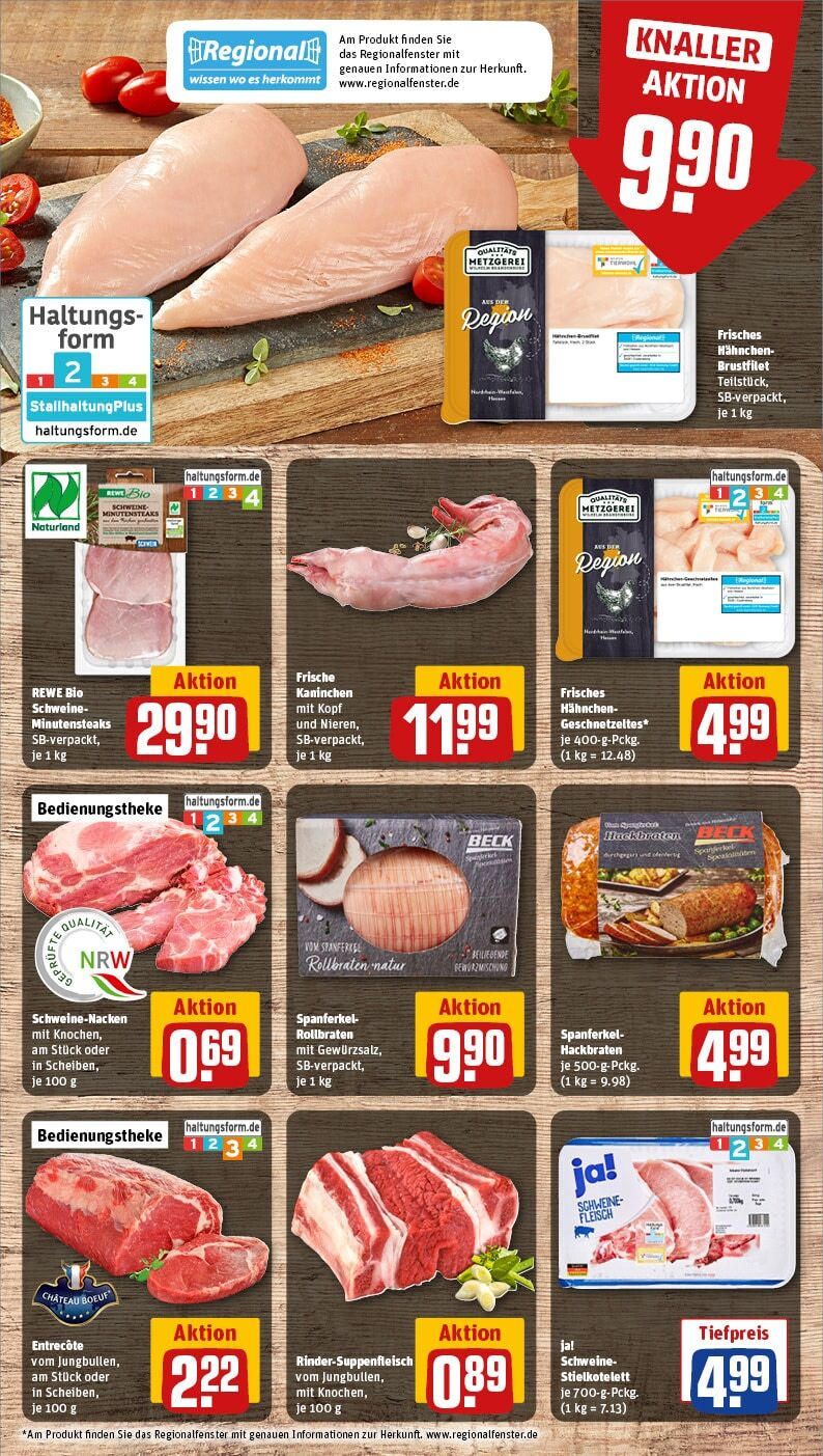 Rewe - Gütersloh, Osnabrücker Landstr. 1 (ab 27.01.2025) zum Blättern » Angebote | Seite: 12 | Produkte: Hahnchen, Schweinenacken, Entrecote, Fleisch