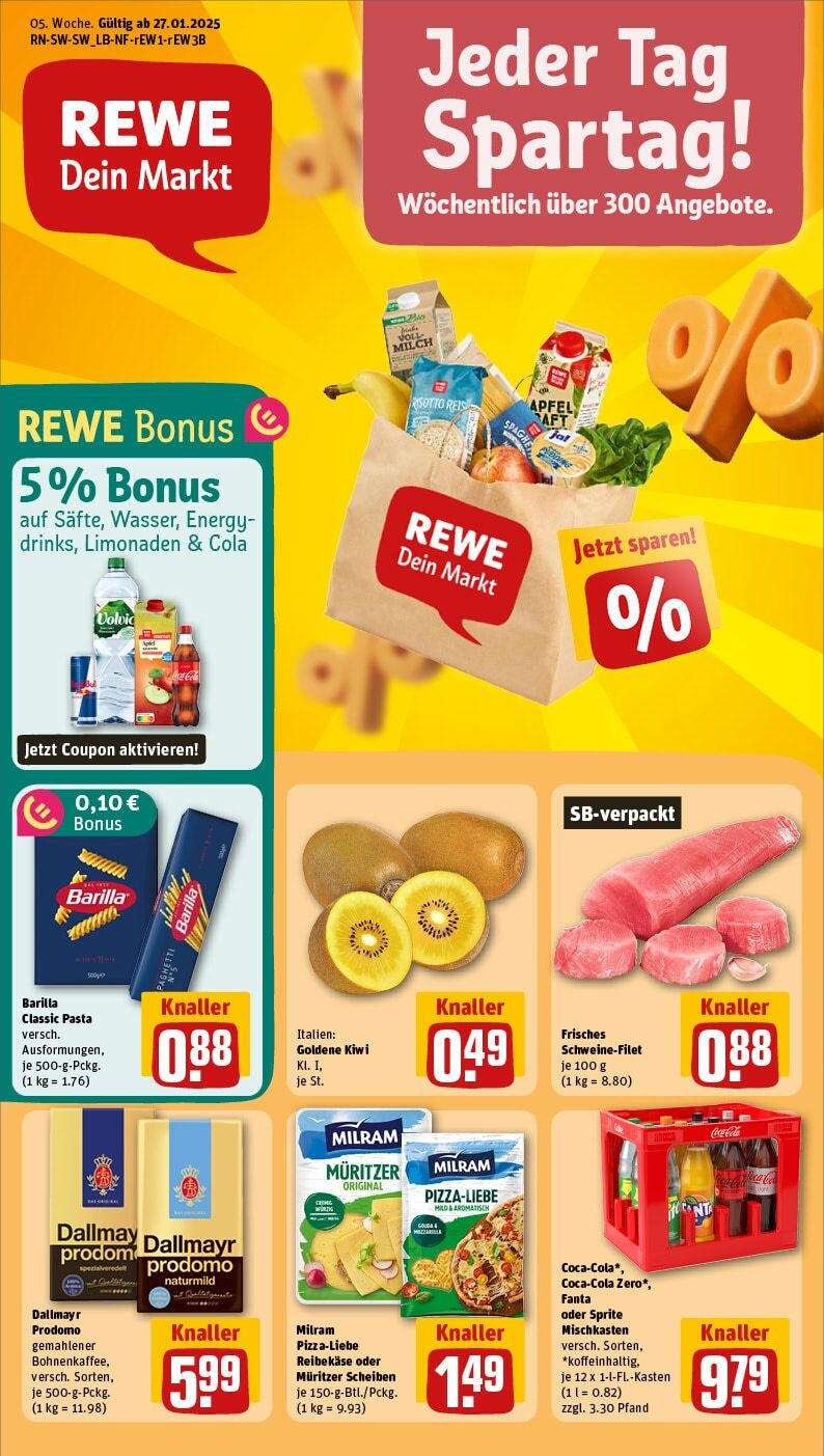 Rewe - Angelbachtal, Wusseldornstraße 3 (ab 27.01.2025) zum Blättern » Angebote | Seite: 1 | Produkte: Cola, Schweinefilet, Milram, Dallmayr prodomo