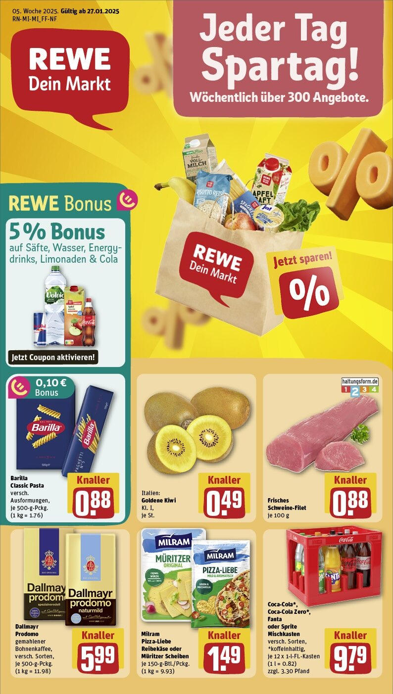 Rewe - Rüdesheim, Europastr. 8 (ab 27.01.2025) zum Blättern » Angebote | Seite: 1 | Produkte: Schweinefilet, Pasta, Saft, Reis