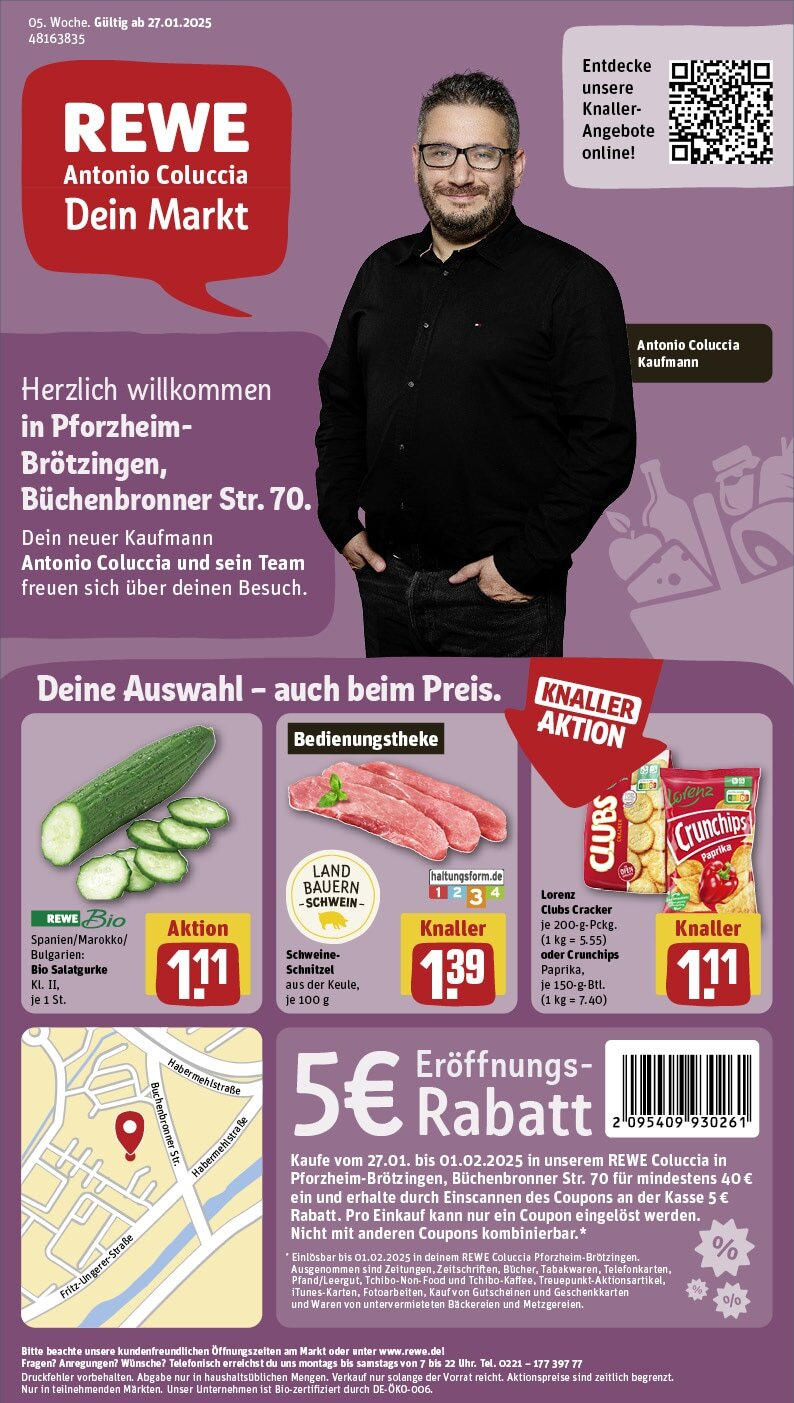 Rewe - Pforzheim/Brötzingen, Büchenbronner Str. 70 (ab 27.01.2025) zum Blättern » Angebote | Seite: 1 | Produkte: Schnitzel, Paprika, Lorenz crunchips