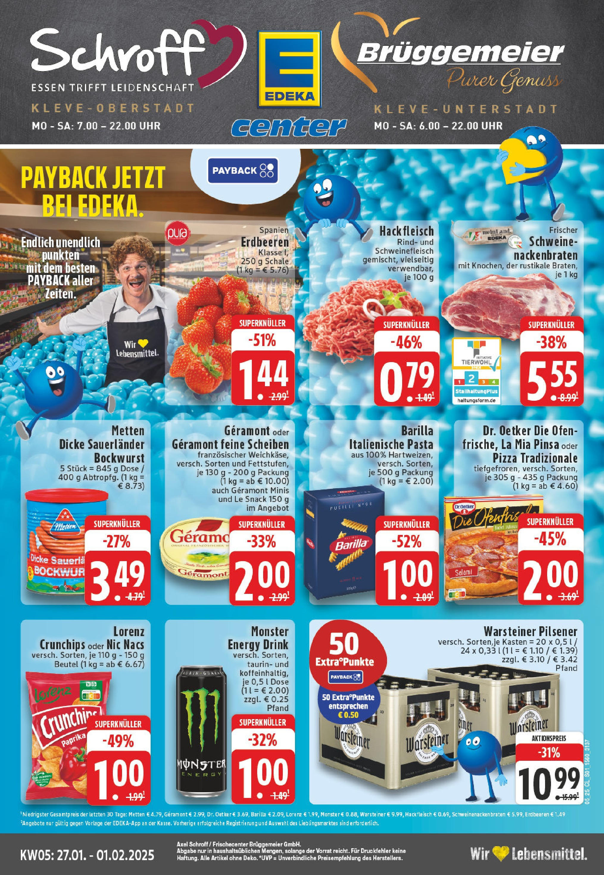 E center Prospekt Kleve, Hoffmann Allee 35+41a (ab 27.01.2025) » Angebote Online | Seite: 1 | Produkte: Bockwurst, Pasta, Erdbeeren, Hackfleisch