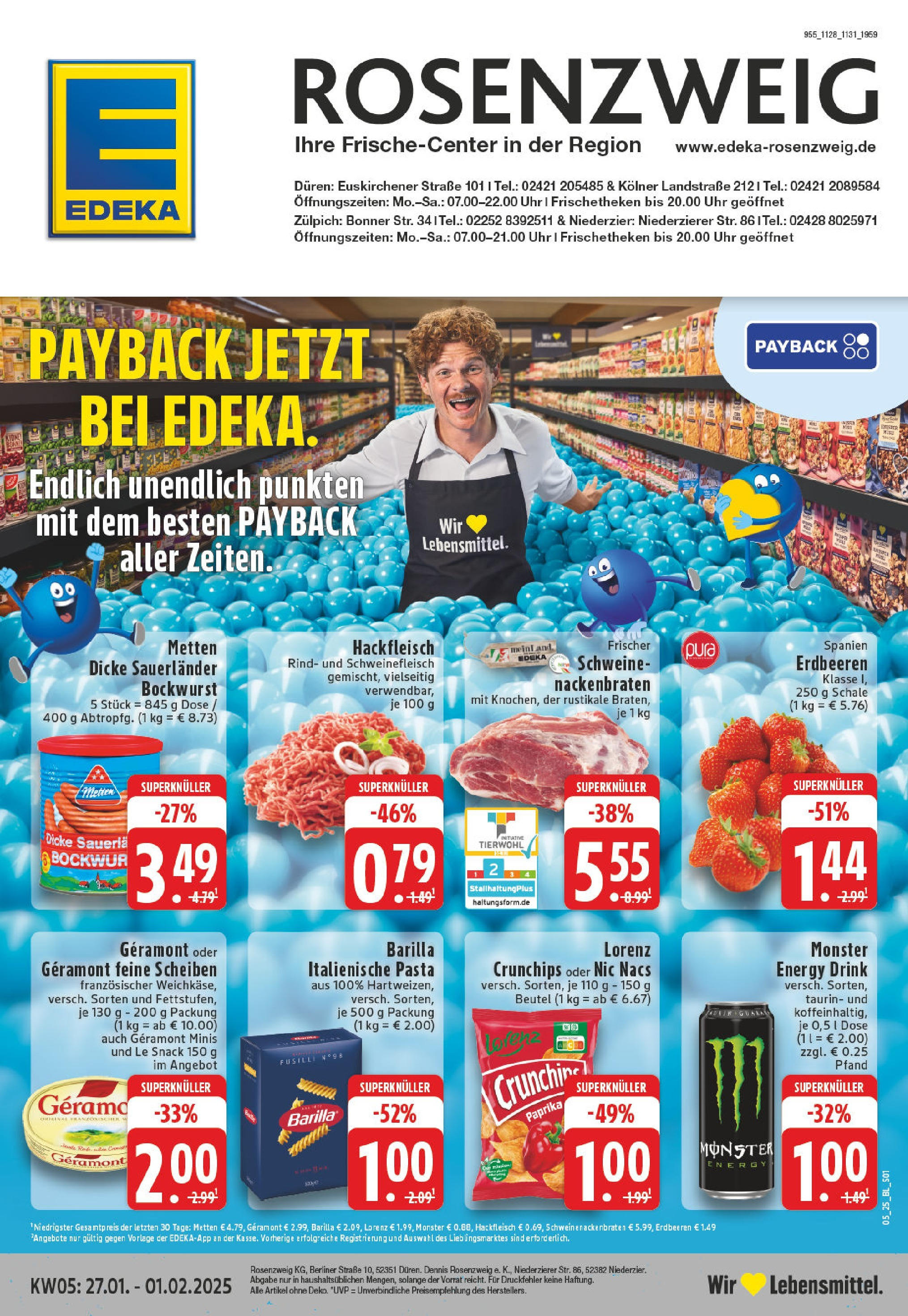 Edeka - Niederzier, r Straße 8 (ab 27.01.2025) » Angebote Online | Seite: 1 | Produkte: Bockwurst, Energy, Barilla, Pasta