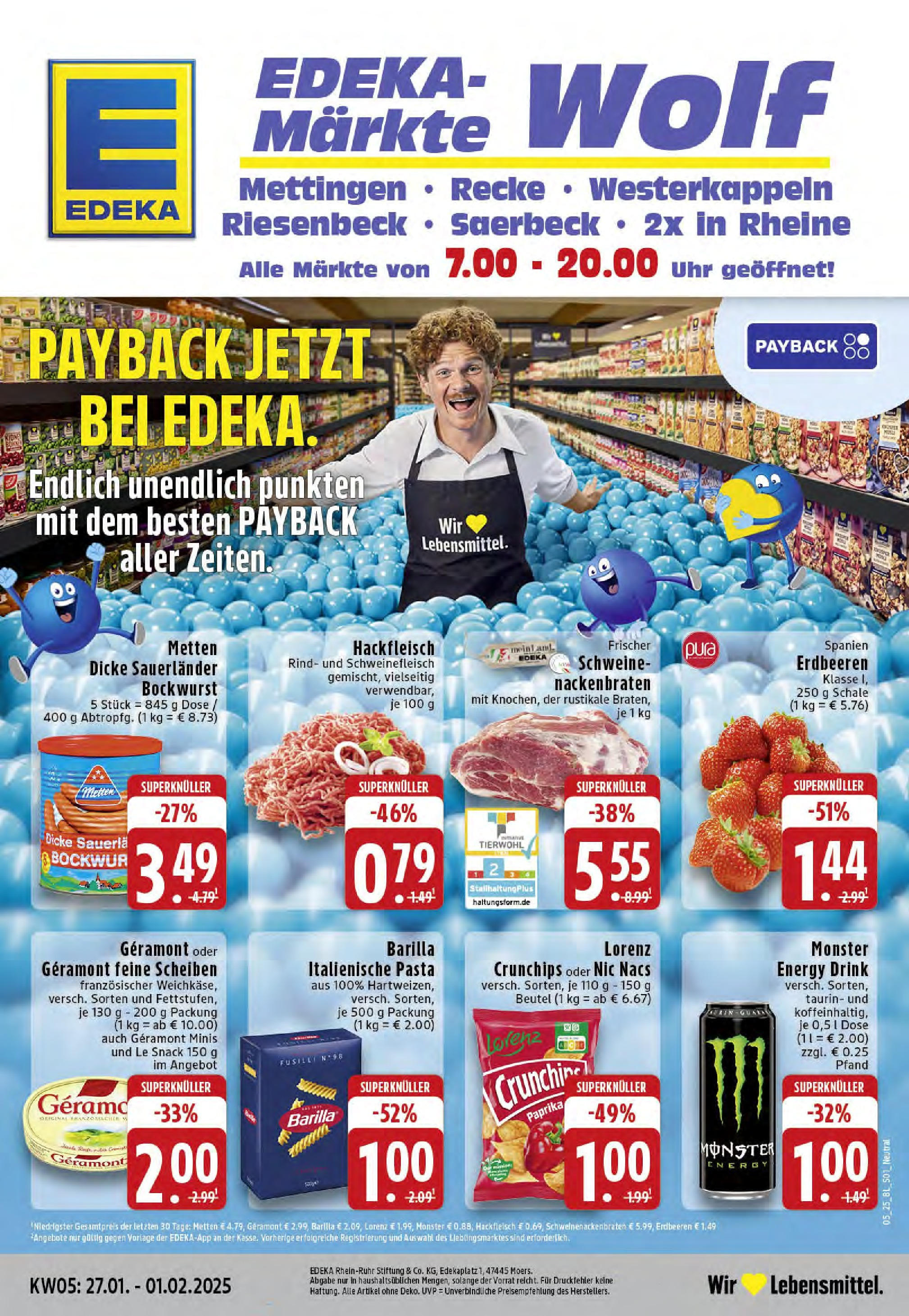 Edeka - Rheine, Felsenstraße 1 (ab 27.01.2025) » Angebote Online | Seite: 1 | Produkte: Bockwurst, Energy, Uhr, Hackfleisch