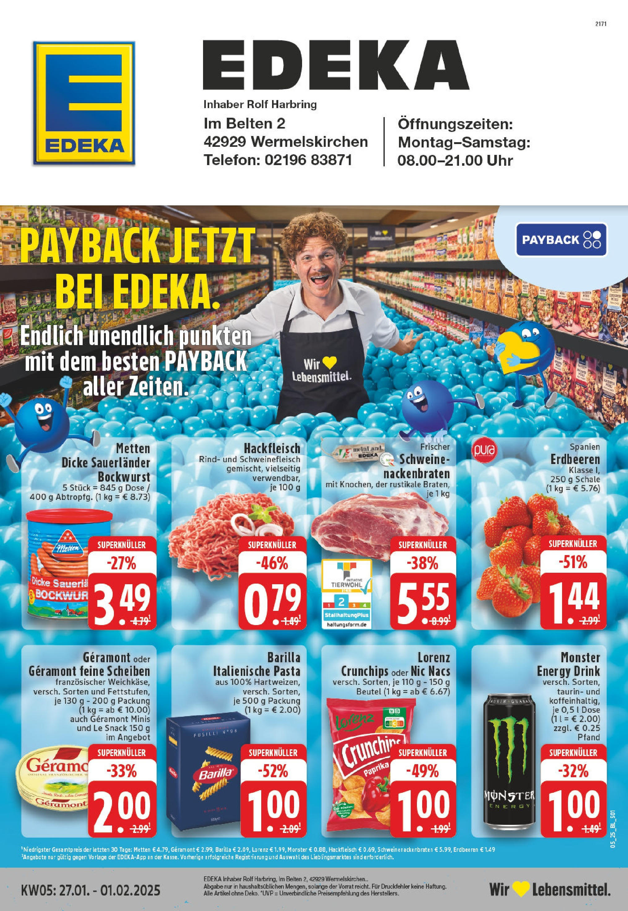 Edeka - Wermelskirchen, Im Belten 2 (ab 27.01.2025) » Angebote Online | Seite: 1 | Produkte: Energy, Barilla, Pasta, Hackfleisch