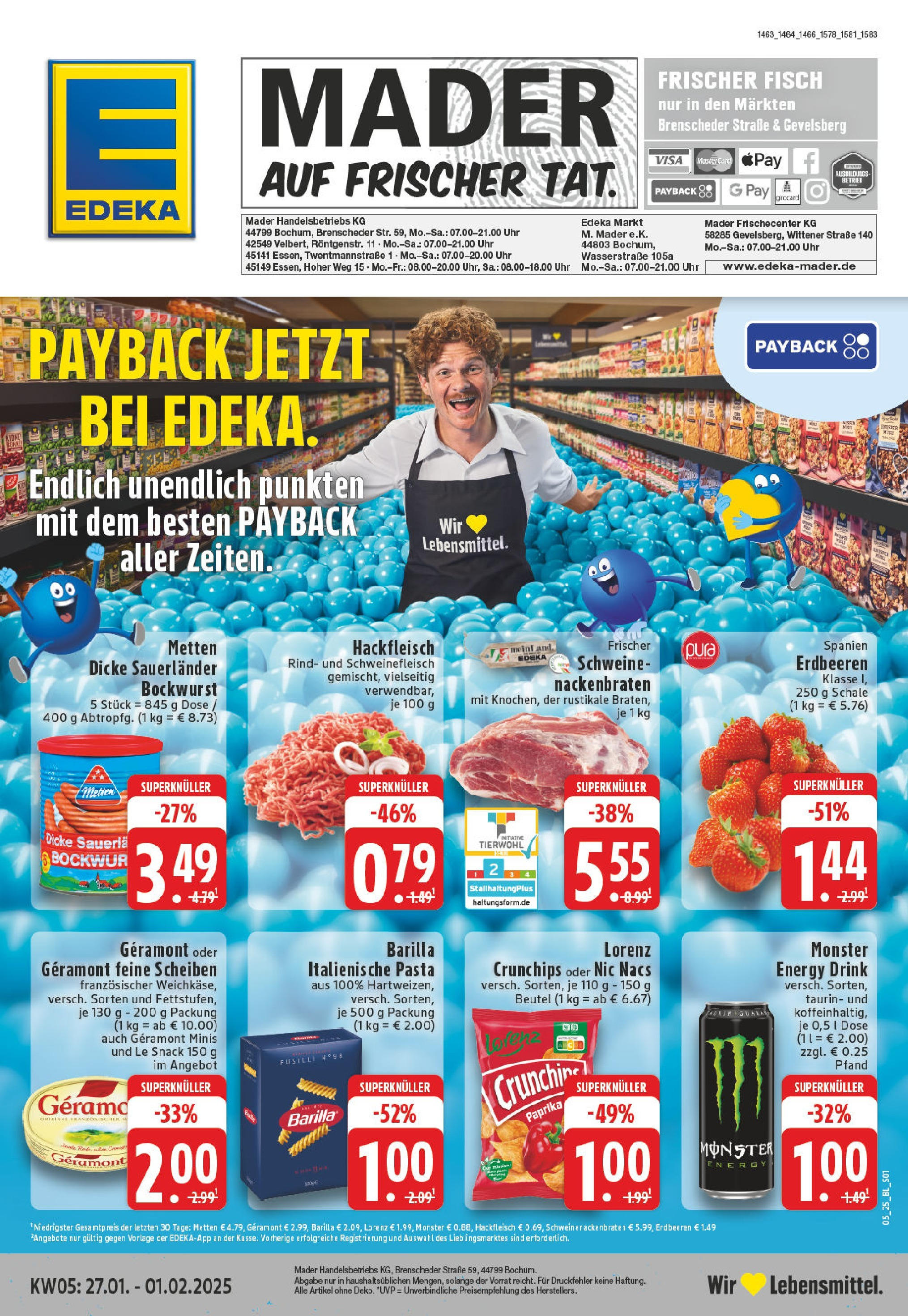 Edeka - Gevelsberg, Wittener Straße 1 (ab 27.01.2025) » Angebote Online | Seite: 1 | Produkte: Energy, Fisch, Schweinefleisch, Erdbeeren