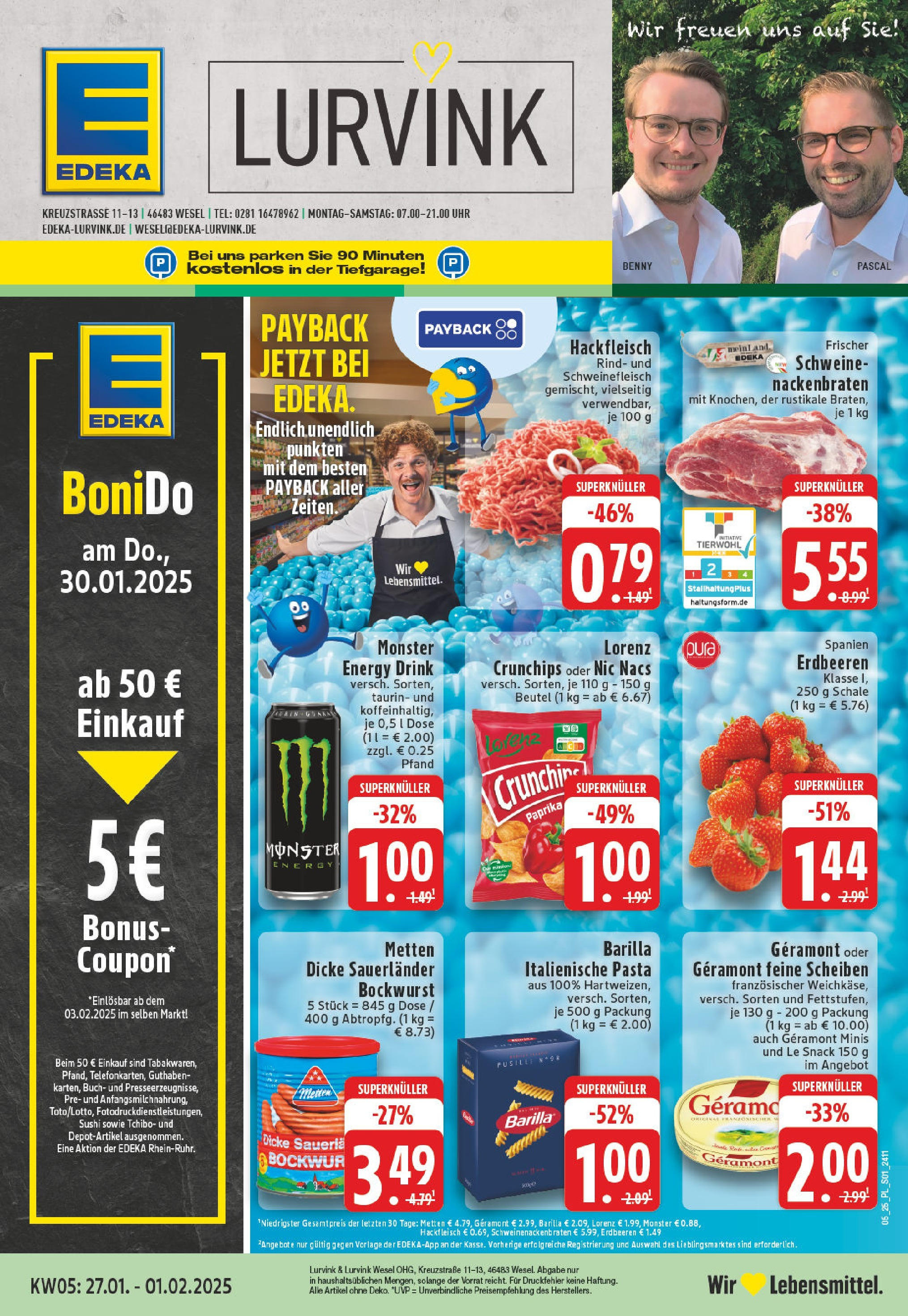 Edeka - Wesel, Kreuzstraße 1 (ab 27.01.2025) » Angebote Online | Seite: 1 | Produkte: Energy, Schweinefleisch, Uhr, Hackfleisch