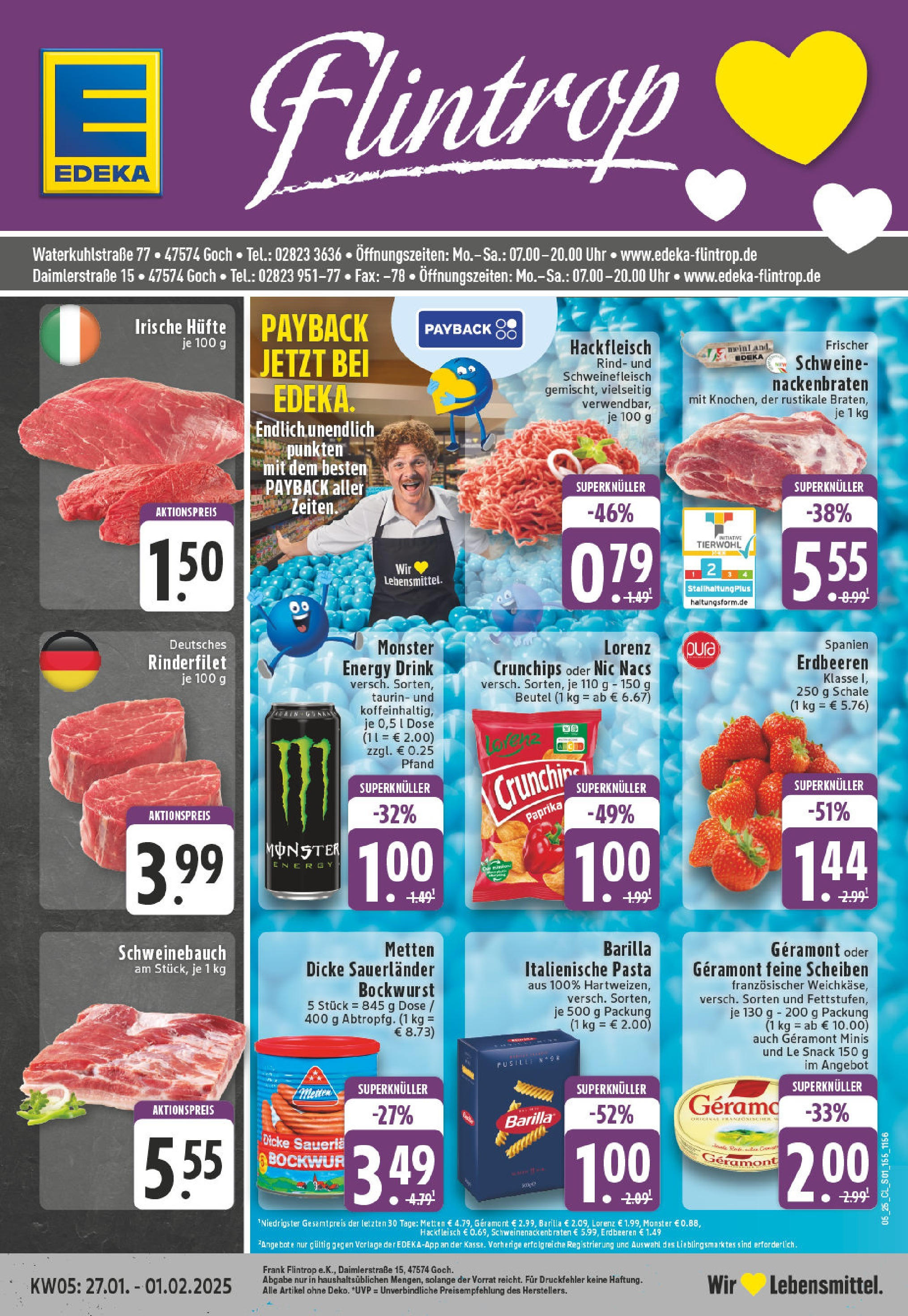 Edeka - Goch, Daimlerstraße 1 (ab 27.01.2025) » Angebote Online | Seite: 1 | Produkte: Rinderfilet, Schweinebauch, Paprika, Erdbeeren