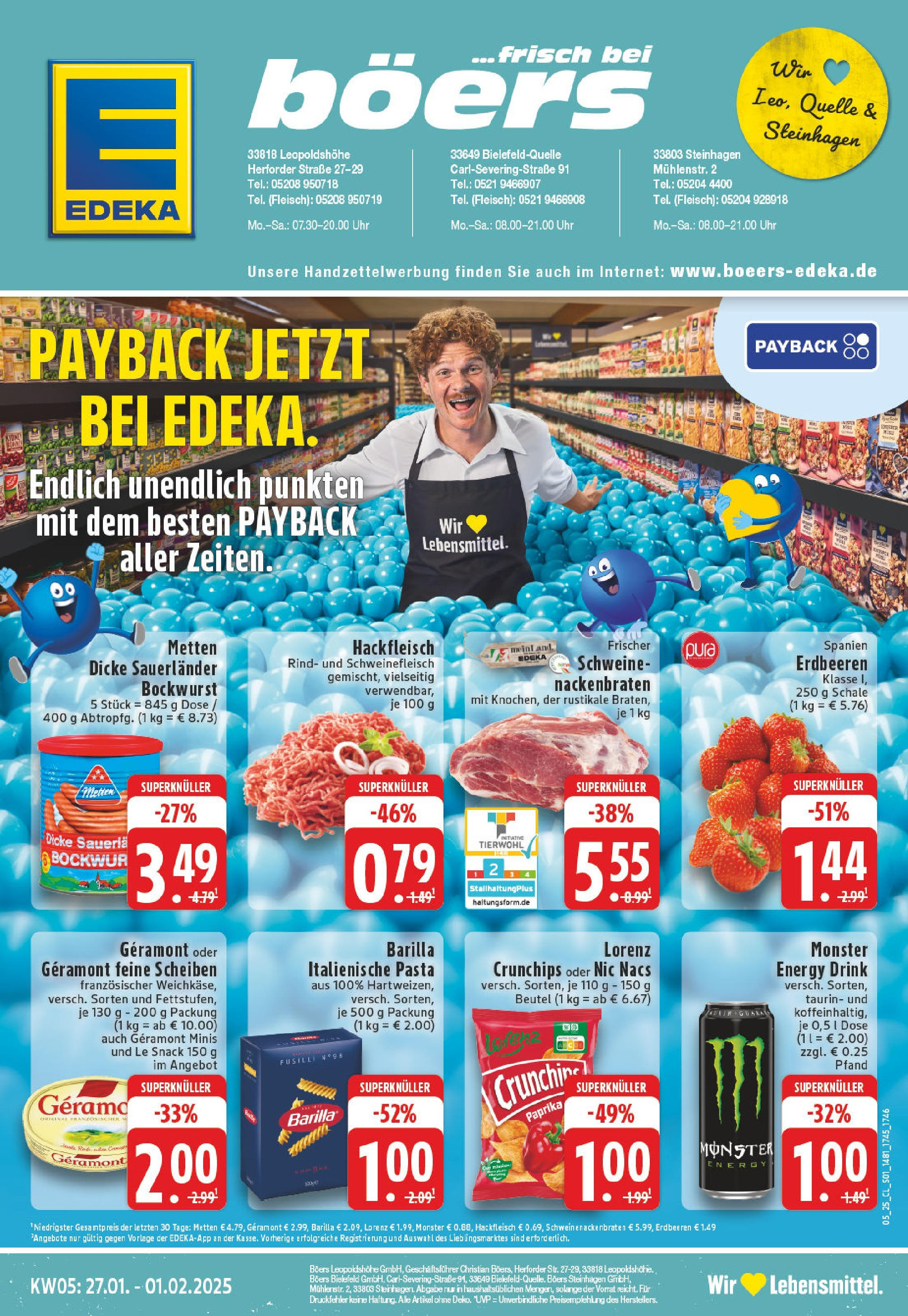 Edeka - Steinhagen, Mühlenstraße 2 (ab 27.01.2025) » Angebote Online | Seite: 1 | Produkte: Bockwurst, Energy, Pasta, Hackfleisch