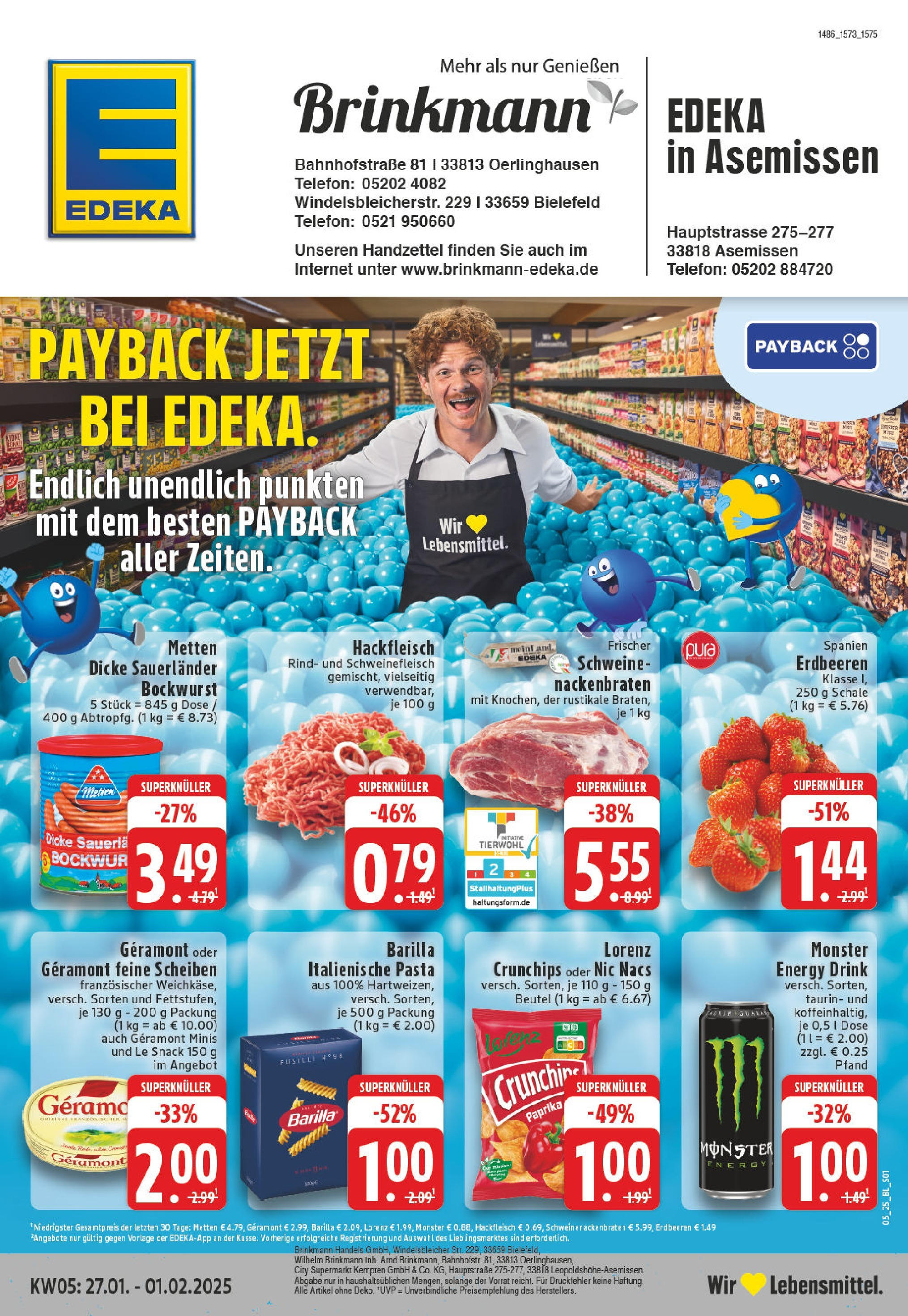 Edeka - Leopoldshöhe-Asemissen, Hauptstraße 2 (ab 27.01.2025) » Angebote Online | Seite: 1 | Produkte: Energy, Monster, Pasta, Telefon