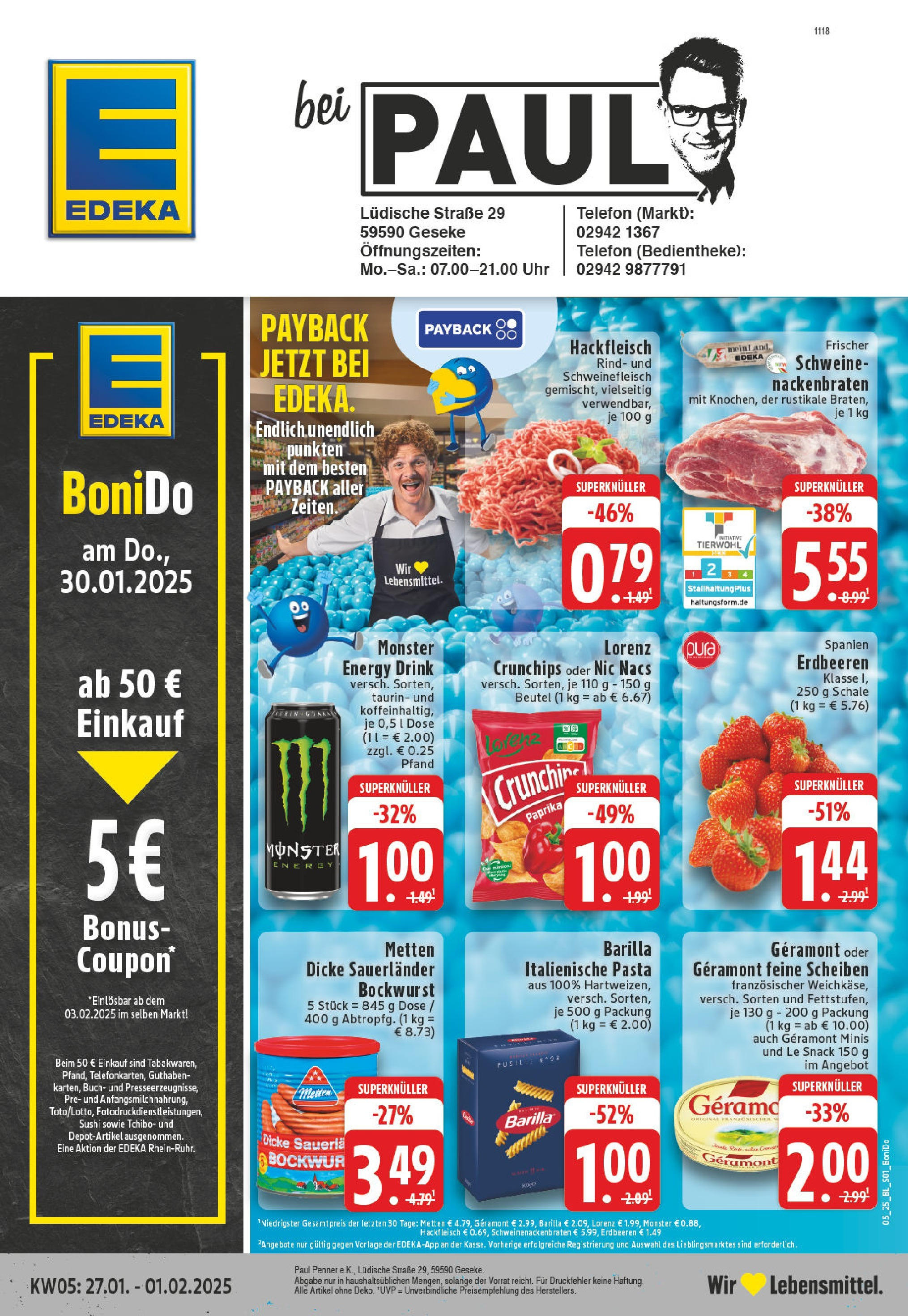 Edeka - Geseke, Lüdische Straße 2 (ab 27.01.2025) » Angebote Online | Seite: 1 | Produkte: Bockwurst, Energy, Monster, Schweinefleisch