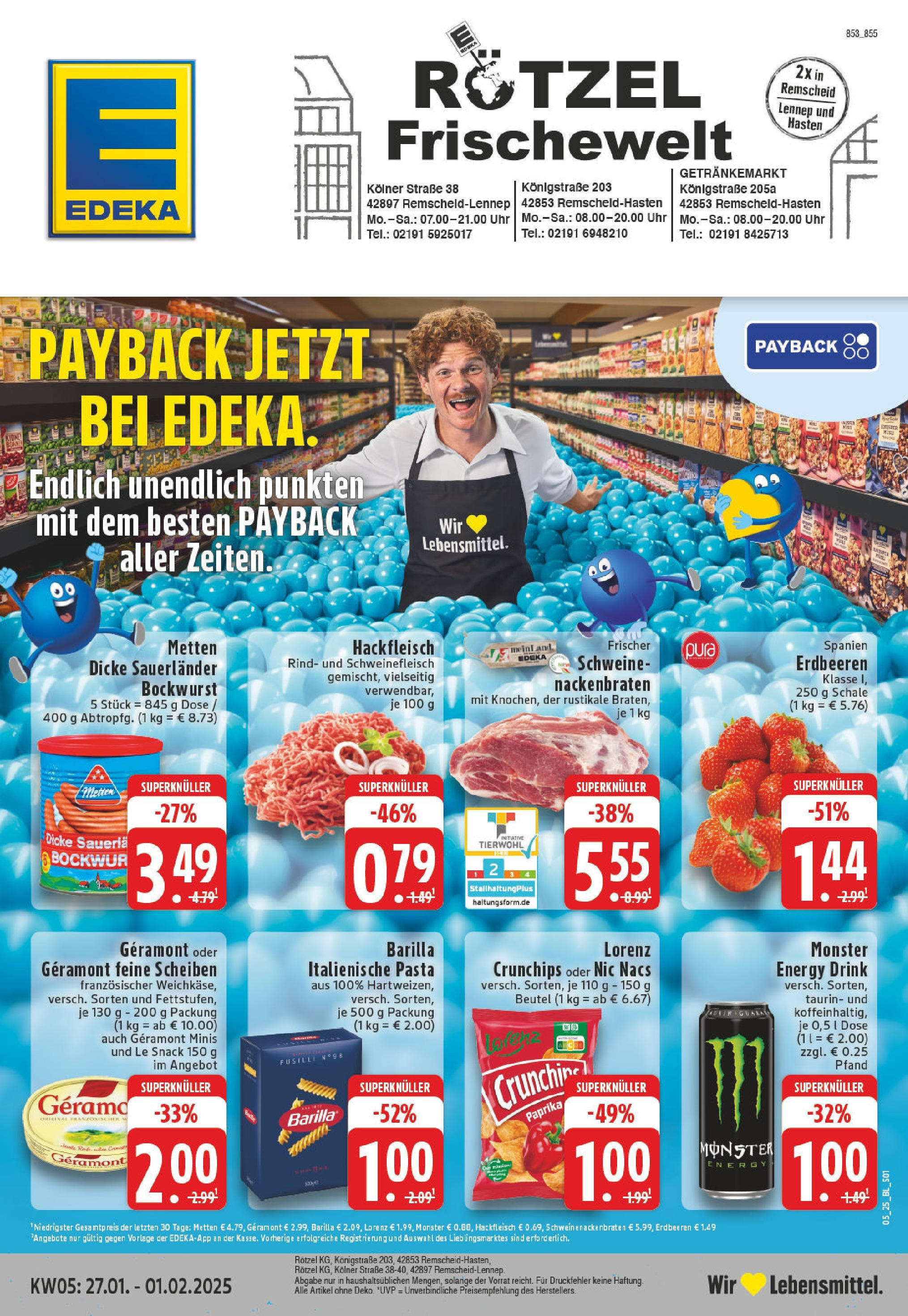 Edeka - Remscheid, Kölner Straße 3 (ab 27.01.2025) » Angebote Online | Seite: 1 | Produkte: Barilla, Schweinefleisch, Uhr, Hackfleisch