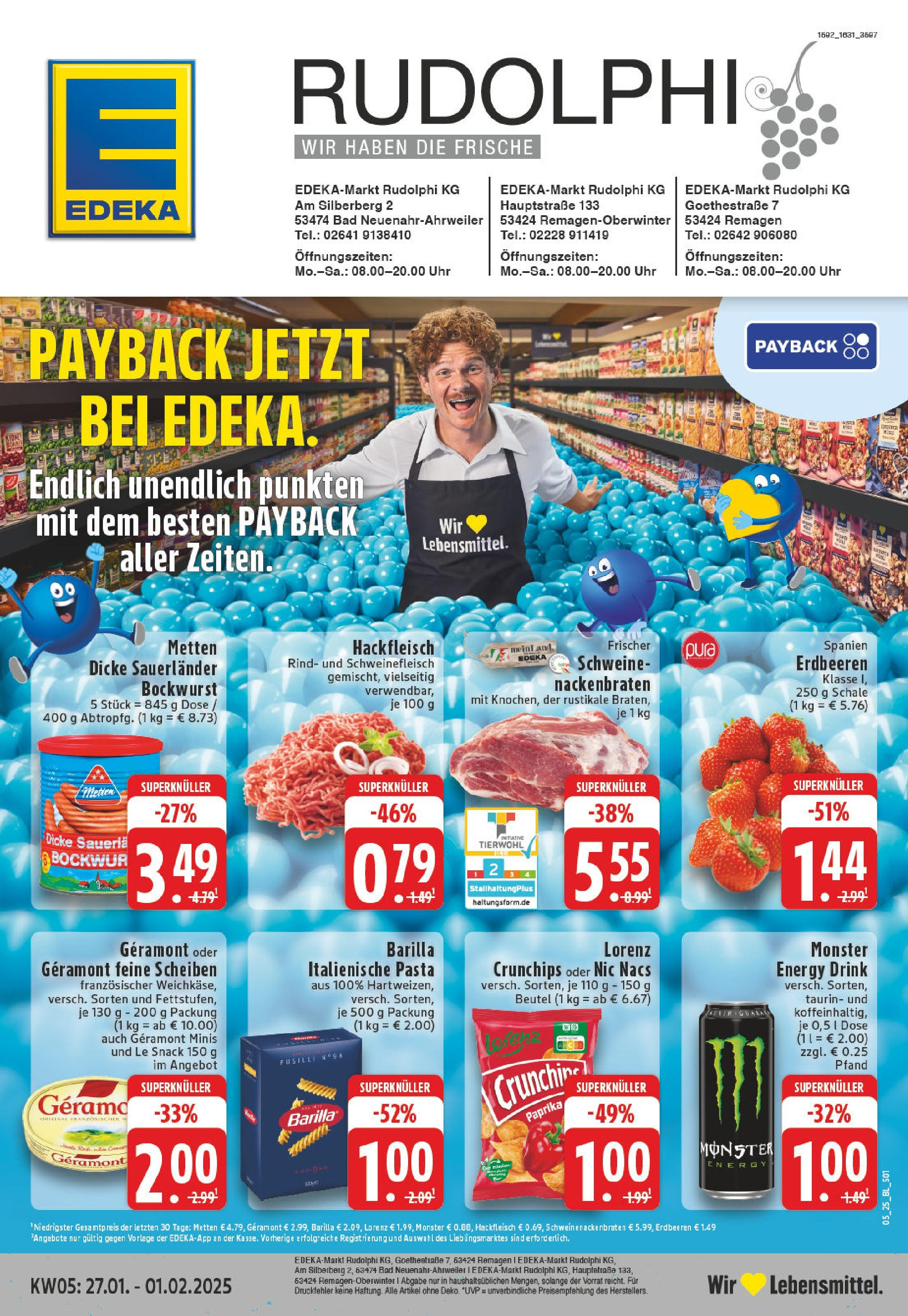 Edeka - Remagen, Hauptstraße 1 (ab 27.01.2025) » Angebote Online | Seite: 1 | Produkte: Bockwurst, Geramont, Schweinefleisch, Uhr