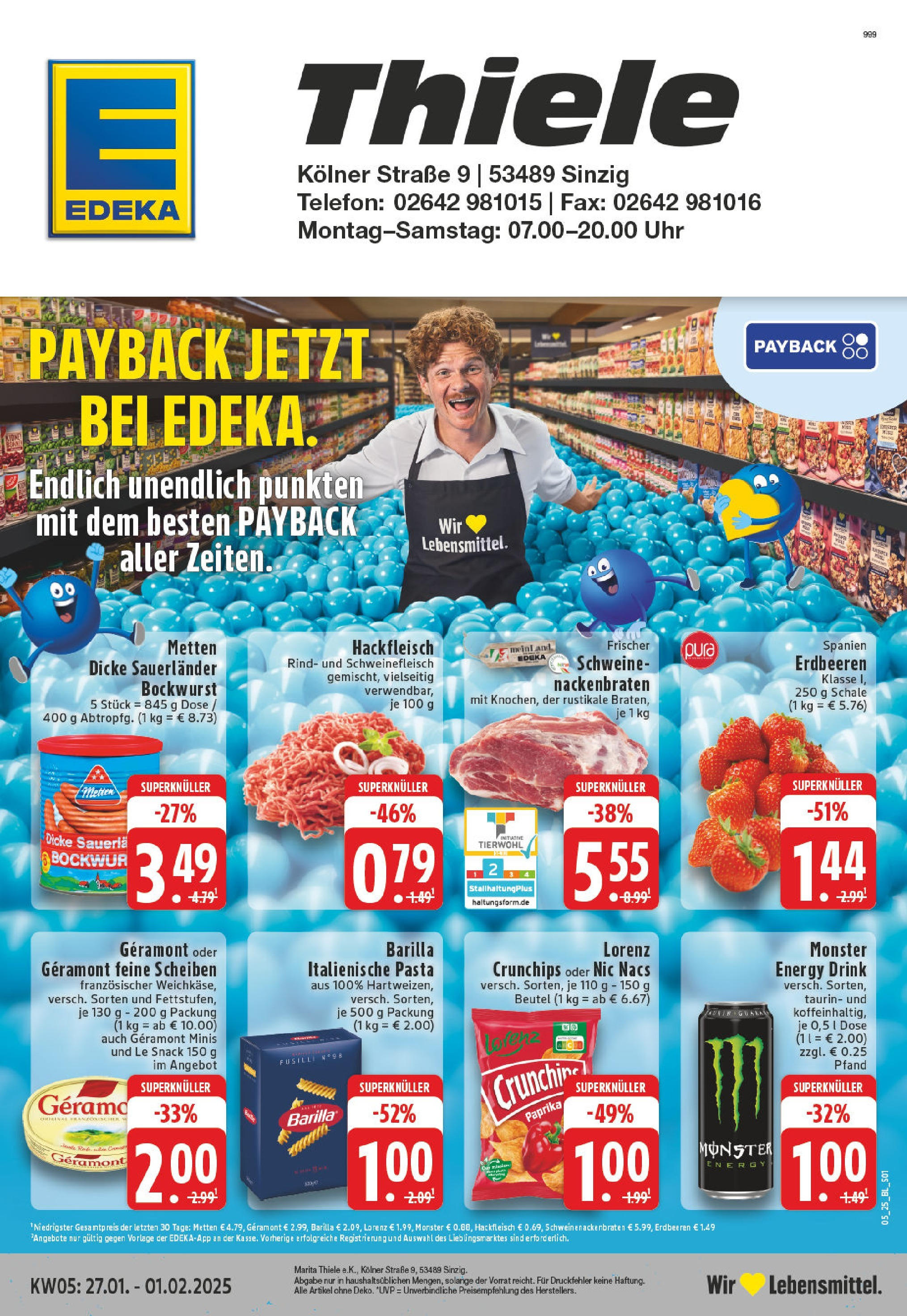 Edeka - Sinzig-Rhein, Kölner Straße 9 (ab 27.01.2025) » Angebote Online | Seite: 1 | Produkte: Bockwurst, Energy, Barilla, Monster