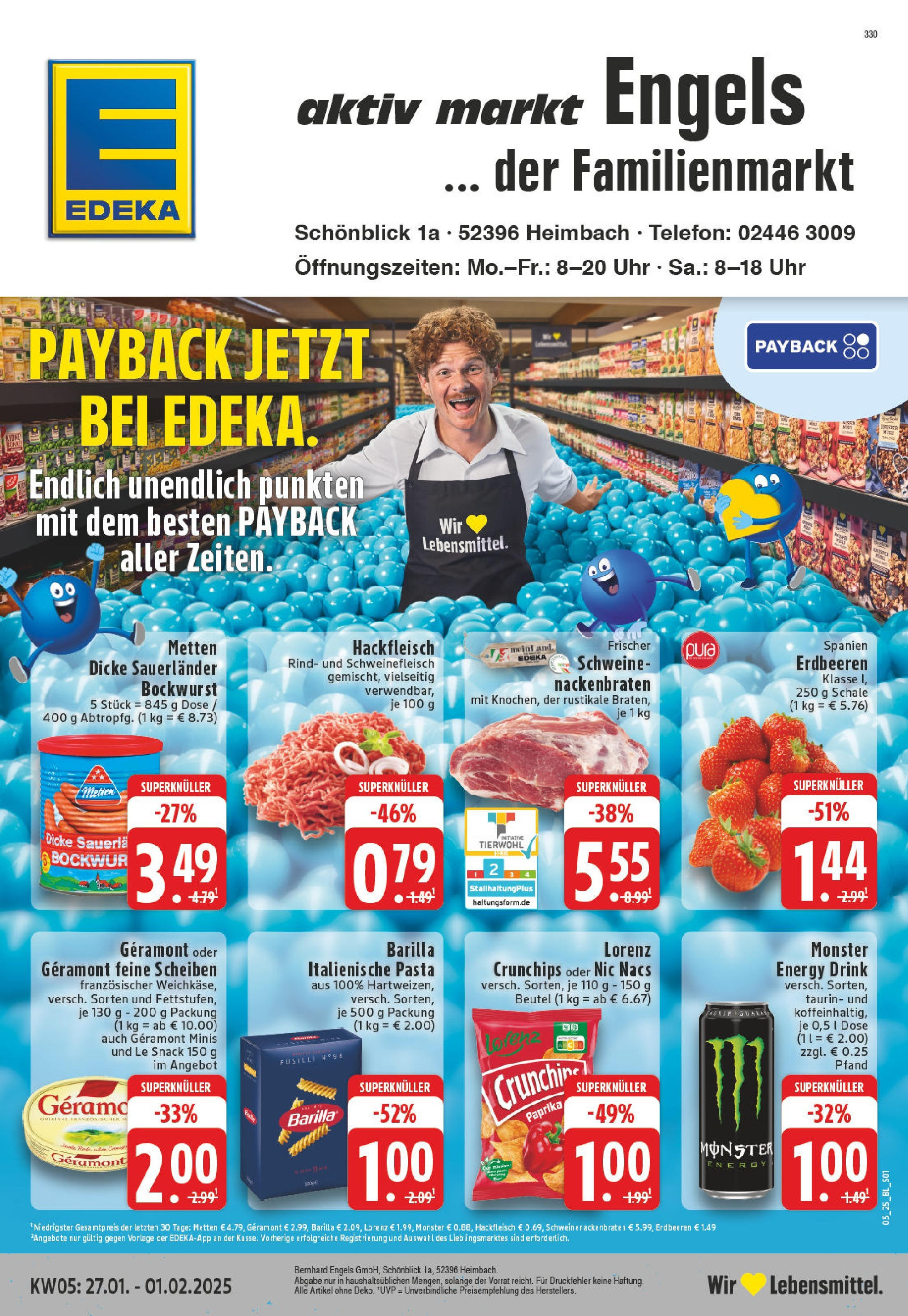 Edeka - Heimbach, Schönblick 1 (ab 27.01.2025) » Angebote Online | Seite: 1 | Produkte: Bockwurst, Barilla, Erdbeeren, Hackfleisch