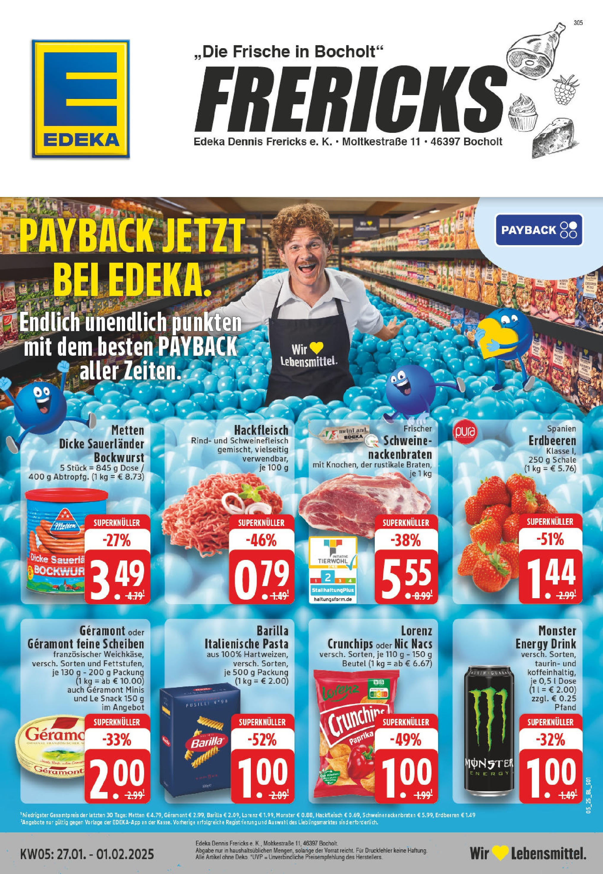 Edeka - Bocholt, Moltkestraße 1 (ab 27.01.2025) » Angebote Online | Seite: 1 | Produkte: Bockwurst, Energy, Pasta, Hackfleisch