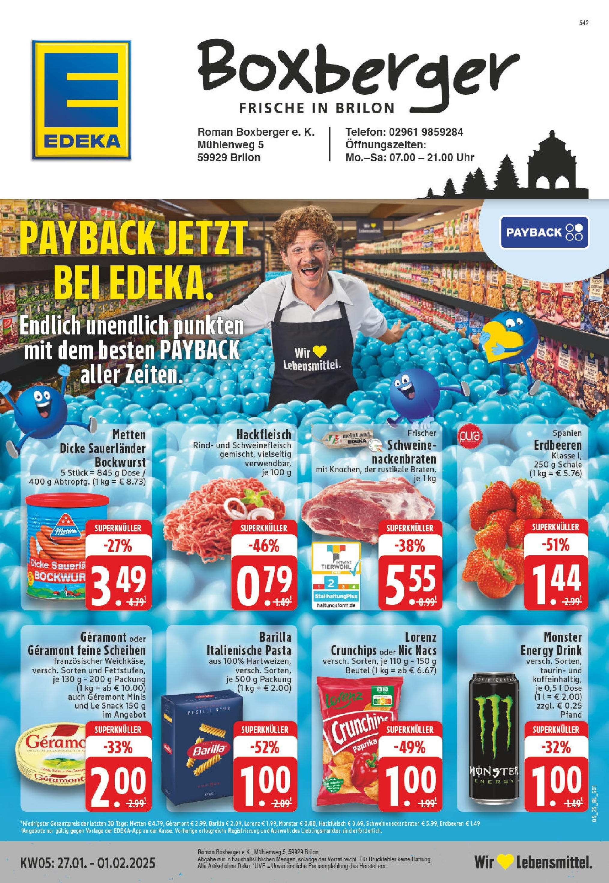 Edeka - Brilon, Mühlenweg 5 (ab 27.01.2025) » Angebote Online | Seite: 1 | Produkte: Bockwurst, Monster, Uhr, Hackfleisch