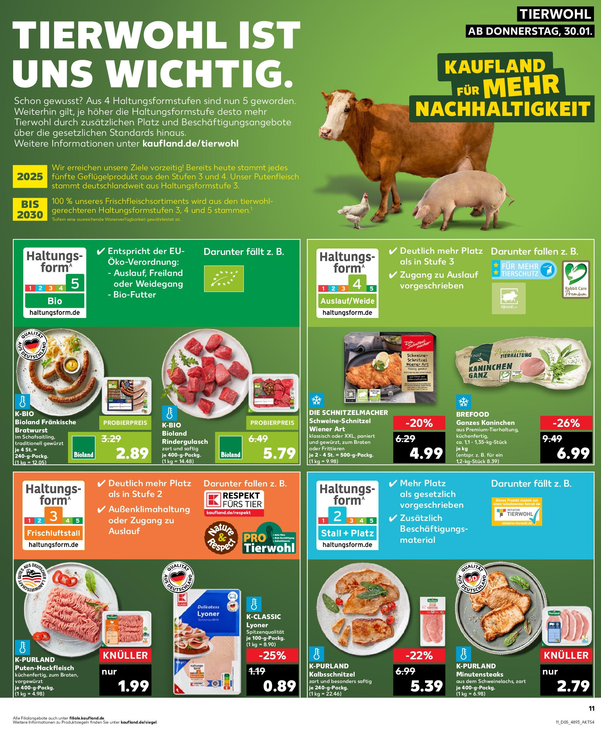 Kaufland - Oranienburg, Friedensstraße 8 (ab 30.01.2025) » Angebote Online zum Blättern | Seite: 11 | Produkte: Rindergulasch, Kaninchen, Bratwurst, Schnitzel