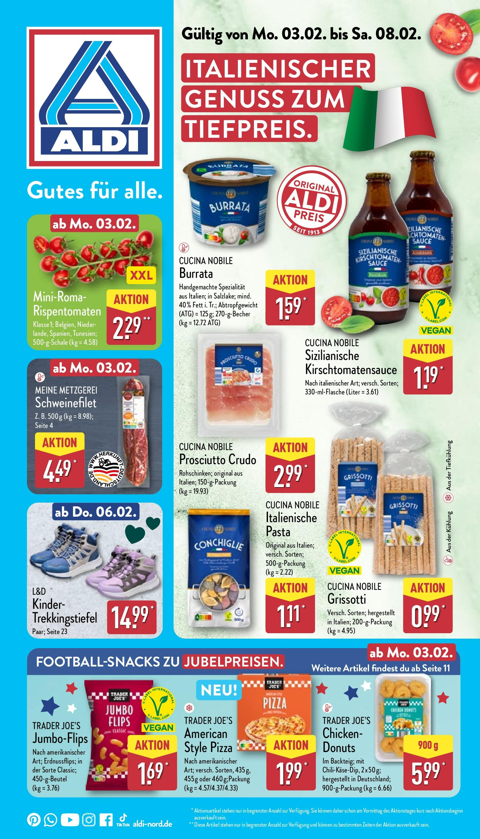 Aldi - ALDI Nord: Wochenangebote (ab 02.02.2025) » Angebote Online | Seite: 1 | Produkte: Donuts, Schweinefilet, Burrata, Pizza