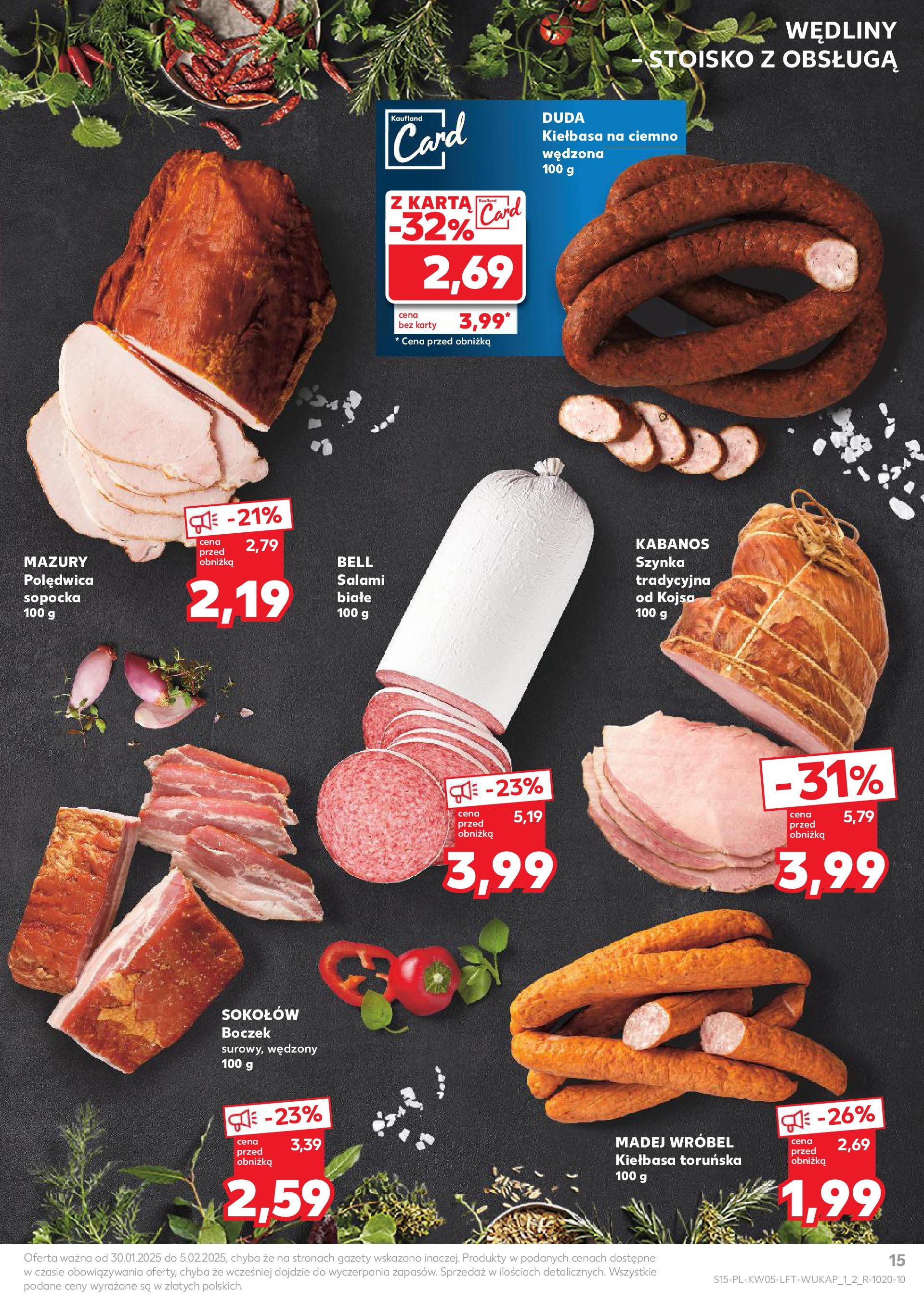 Kaufland - Kaufland Food_ważna do 05.02 od 31.01.2025 - od jutra PDF | Strona: 15 | Produkty: Kiełbasa, Szynka, Boczek, Salami