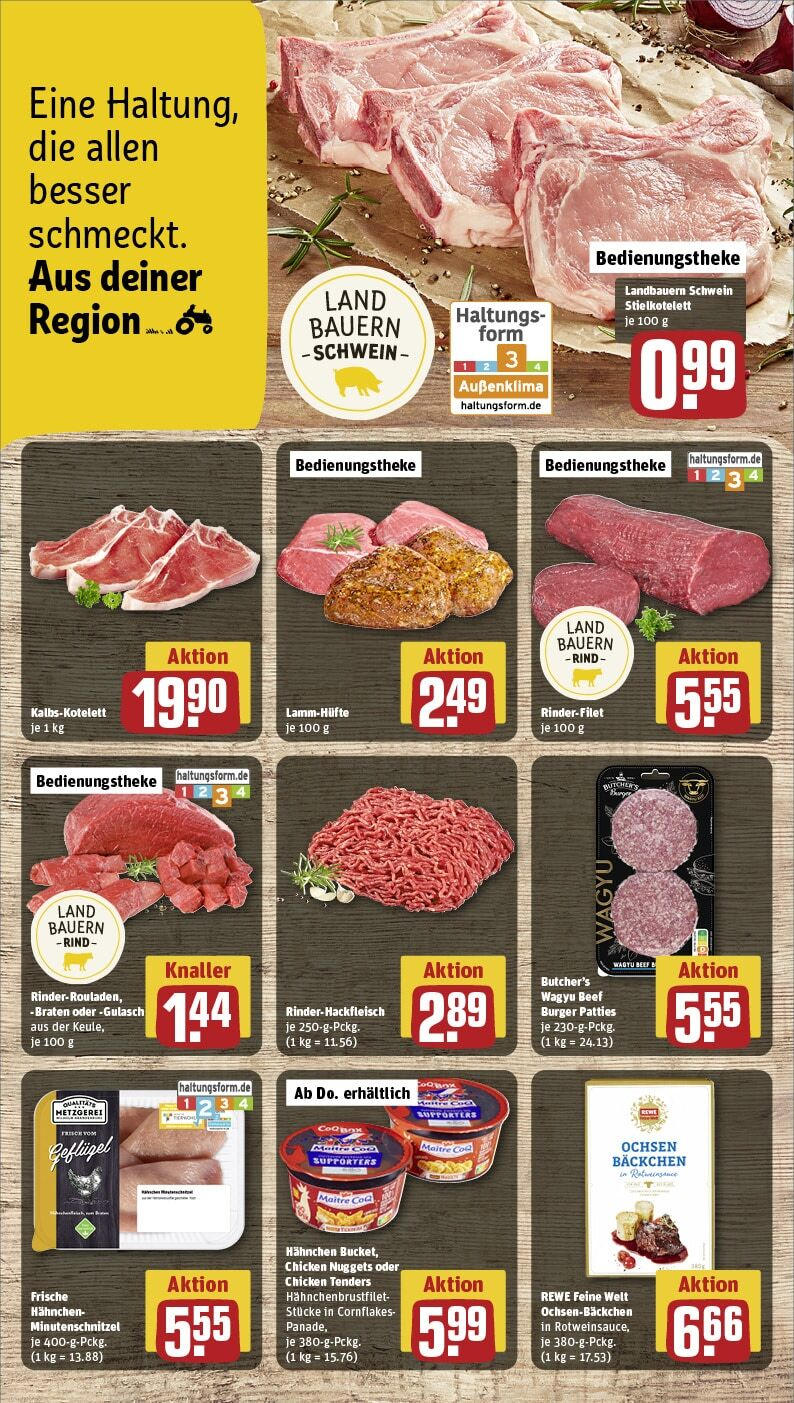 Rewe - Sulzfeld, Hauptstraße 1 (ab 03.02.2025) zum Blättern » Angebote | Seite: 10 | Produkte: Hahnchen, Rinderfilet, Burger, Gulasch