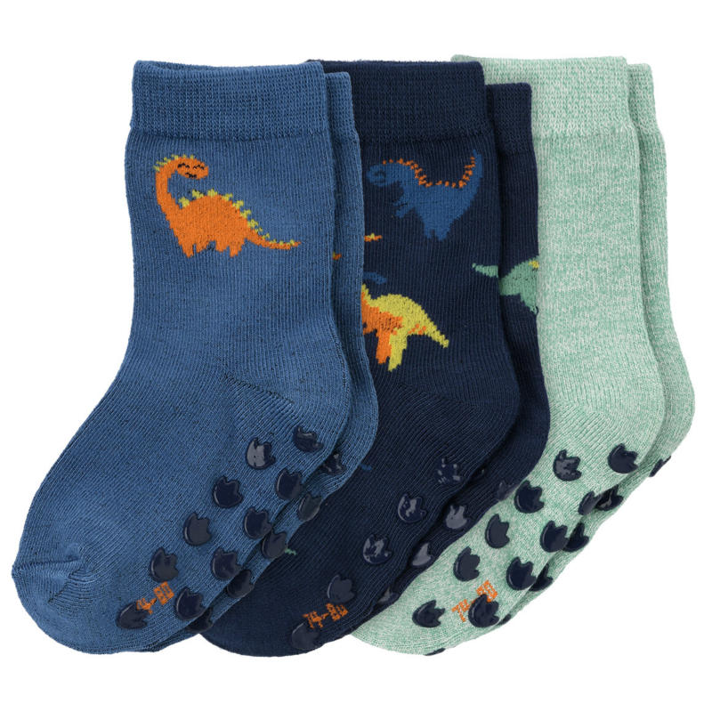 3 Paar Baby Stoppersocken mit Dino-Motiven