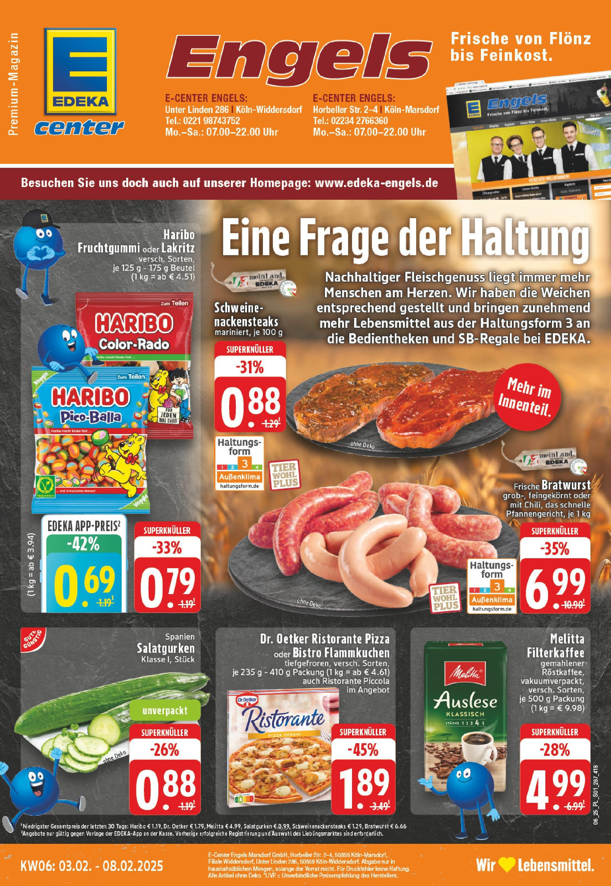 E center Prospekt Köln - Marsdorf, Horbeller Straße 2-4 (ab 03.02.2025) » Angebote Online | Seite: 1 | Produkte: Melitta, Haribo, Bratwurst, Gurken