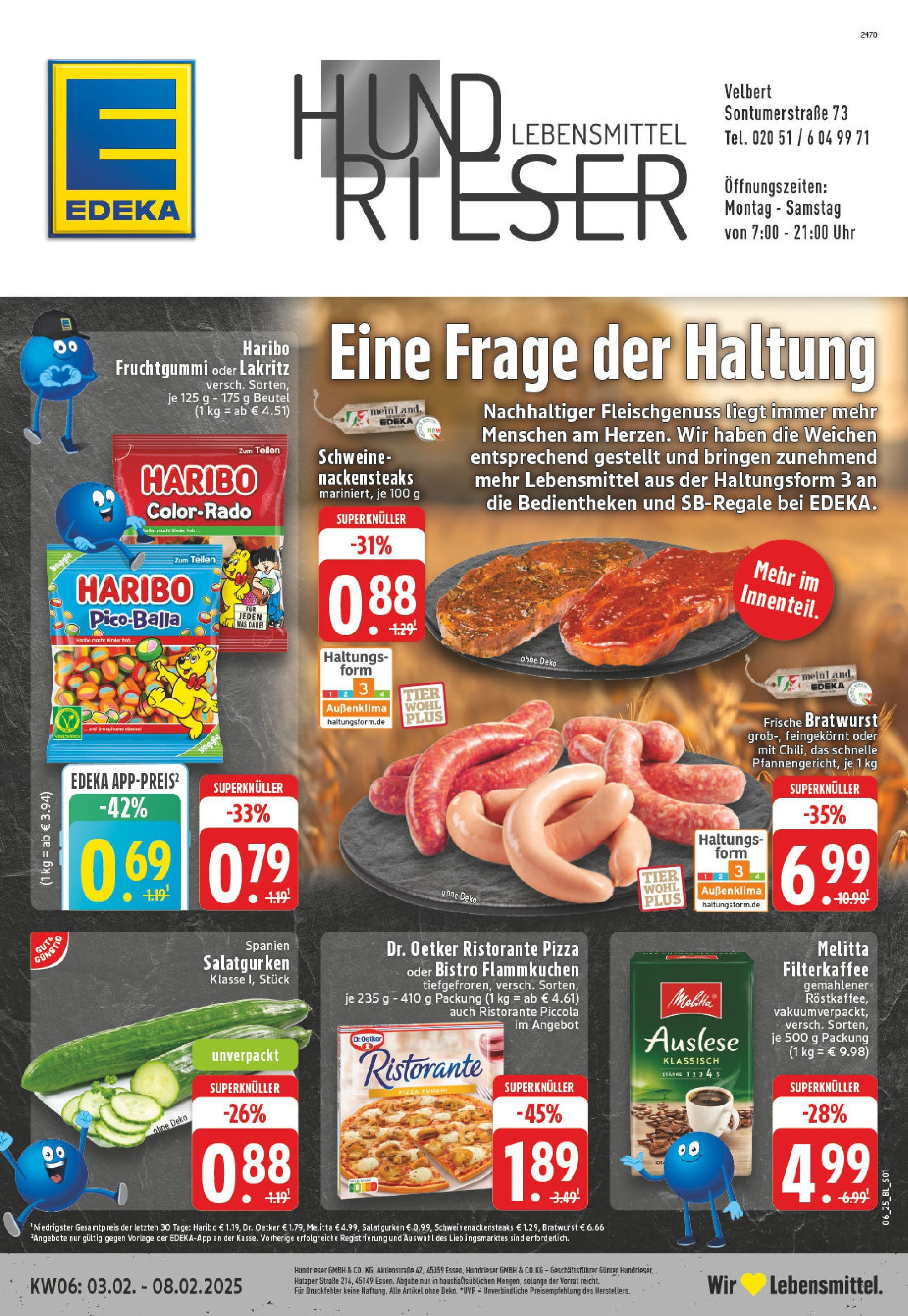 Edeka - Velbert, Sontumer Straße 73 (ab 03.02.2025) » Angebote Online | Seite: 1 | Produkte: Ristorante, Melitta, Bratwurst, Uhr