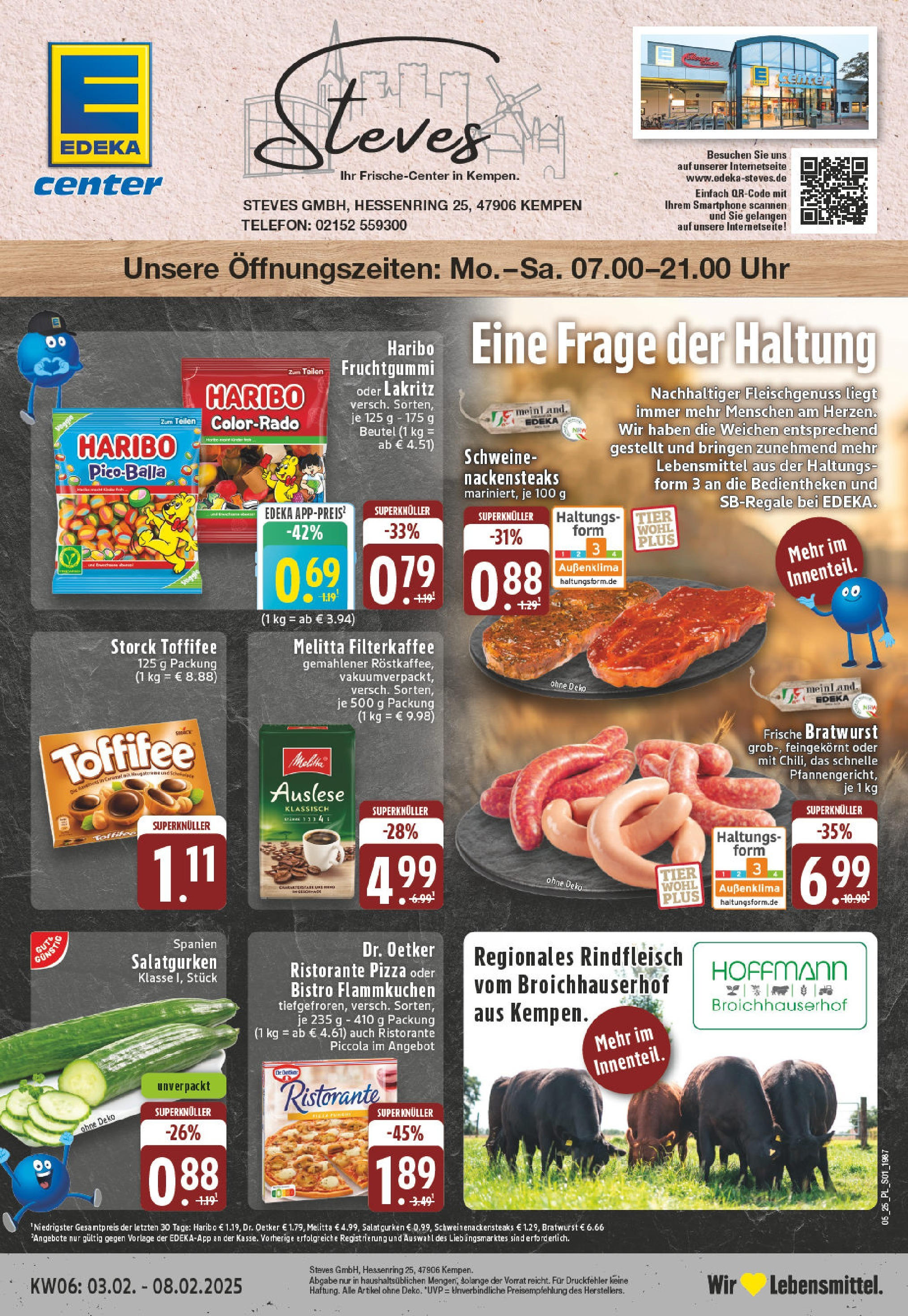 E center Prospekt Kempen, Hessenring 25 (ab 03.02.2025) » Angebote Online | Seite: 1 | Produkte: Nackensteaks, Haribo, Bratwurst, Rindfleisch