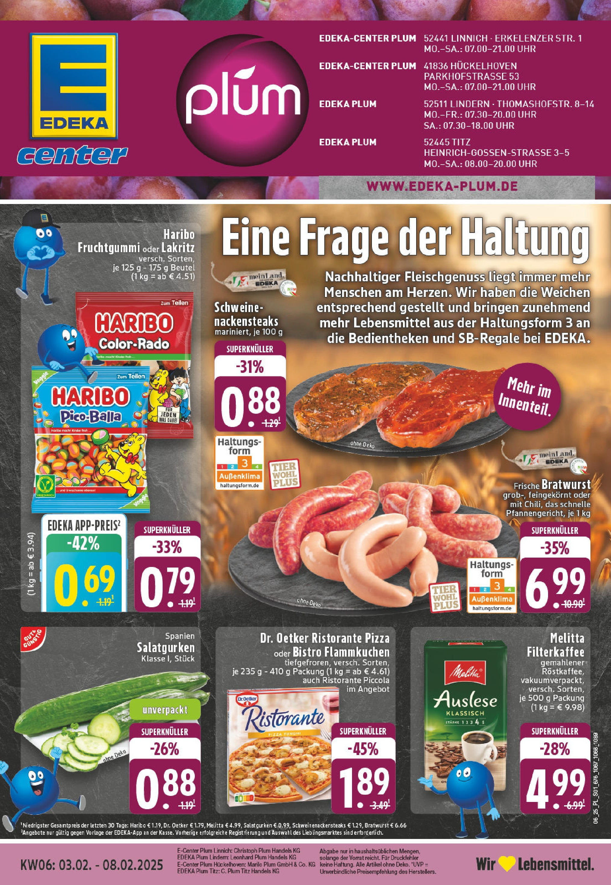 E center Prospekt Hückelhoven, Parkhofstraße 53 (ab 03.02.2025) » Angebote Online | Seite: 1 | Produkte: Nackensteaks, Melitta, Haribo, Bratwurst