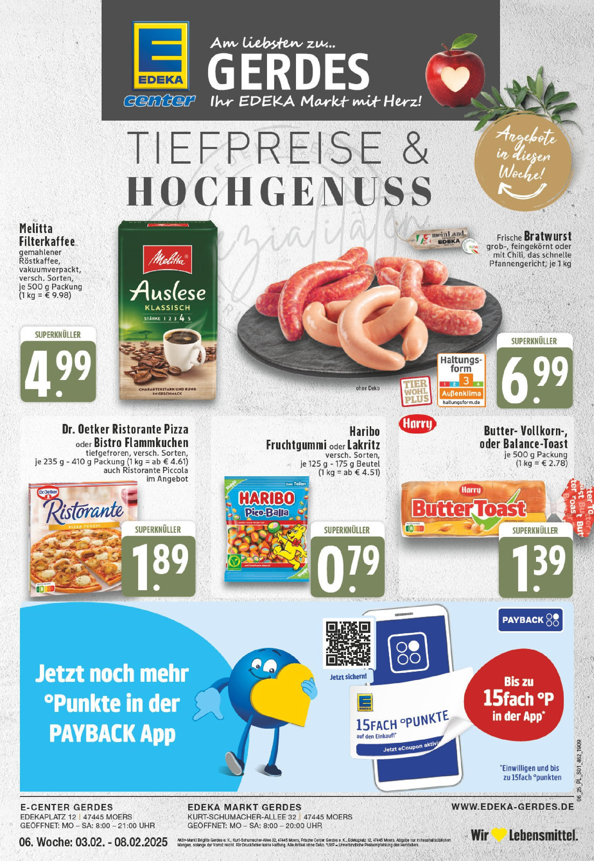 E center Prospekt Moers, Edekaplatz 12 (ab 03.02.2025) » Angebote Online | Seite: 1 | Produkte: Ristorante, Bratwurst, Pizza, Uhr