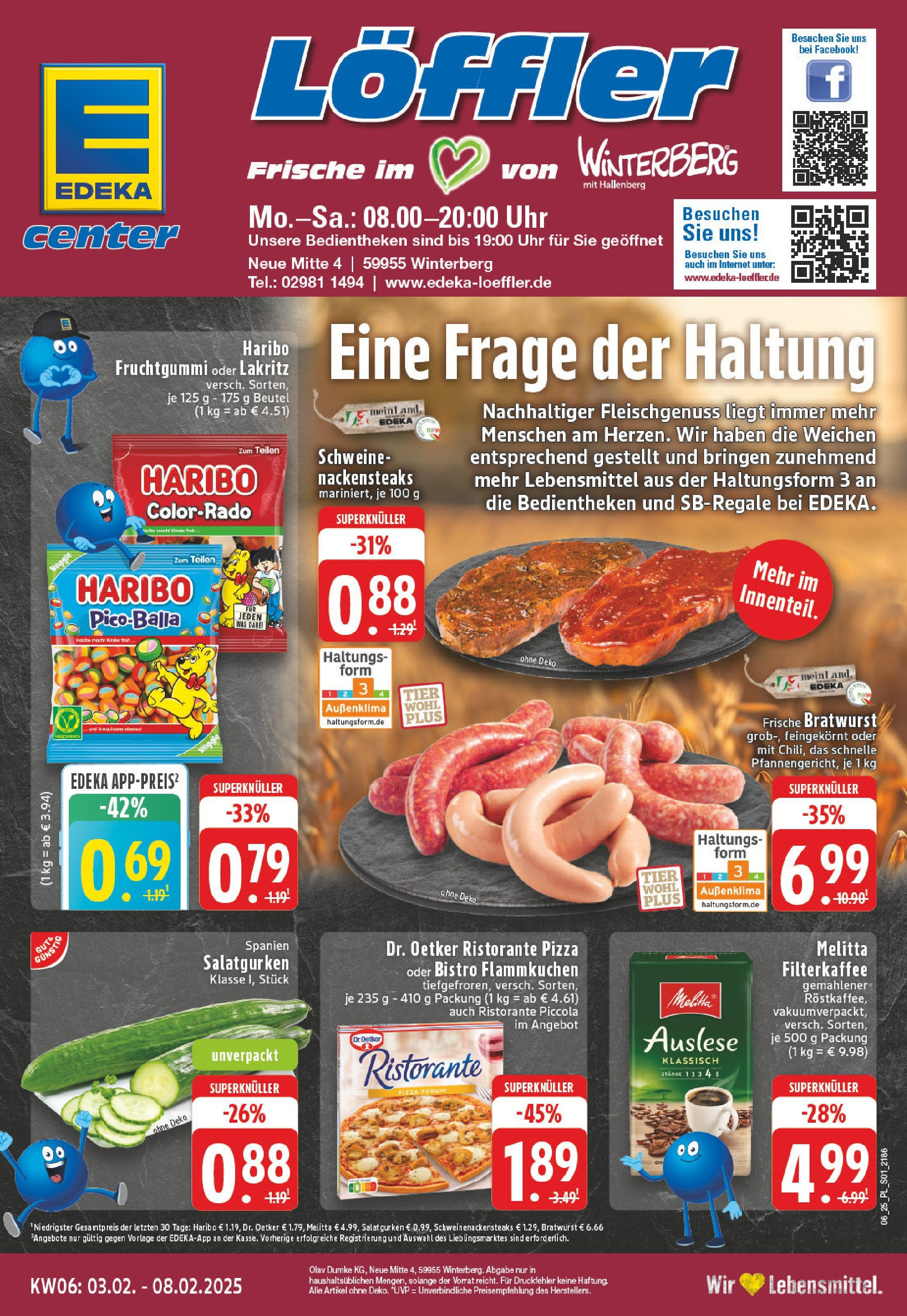 E center Prospekt Winterberg, Neue Mitte 4 (ab 03.02.2025) » Angebote Online | Seite: 1 | Produkte: Nackensteaks, Melitta, Haribo, Pizza