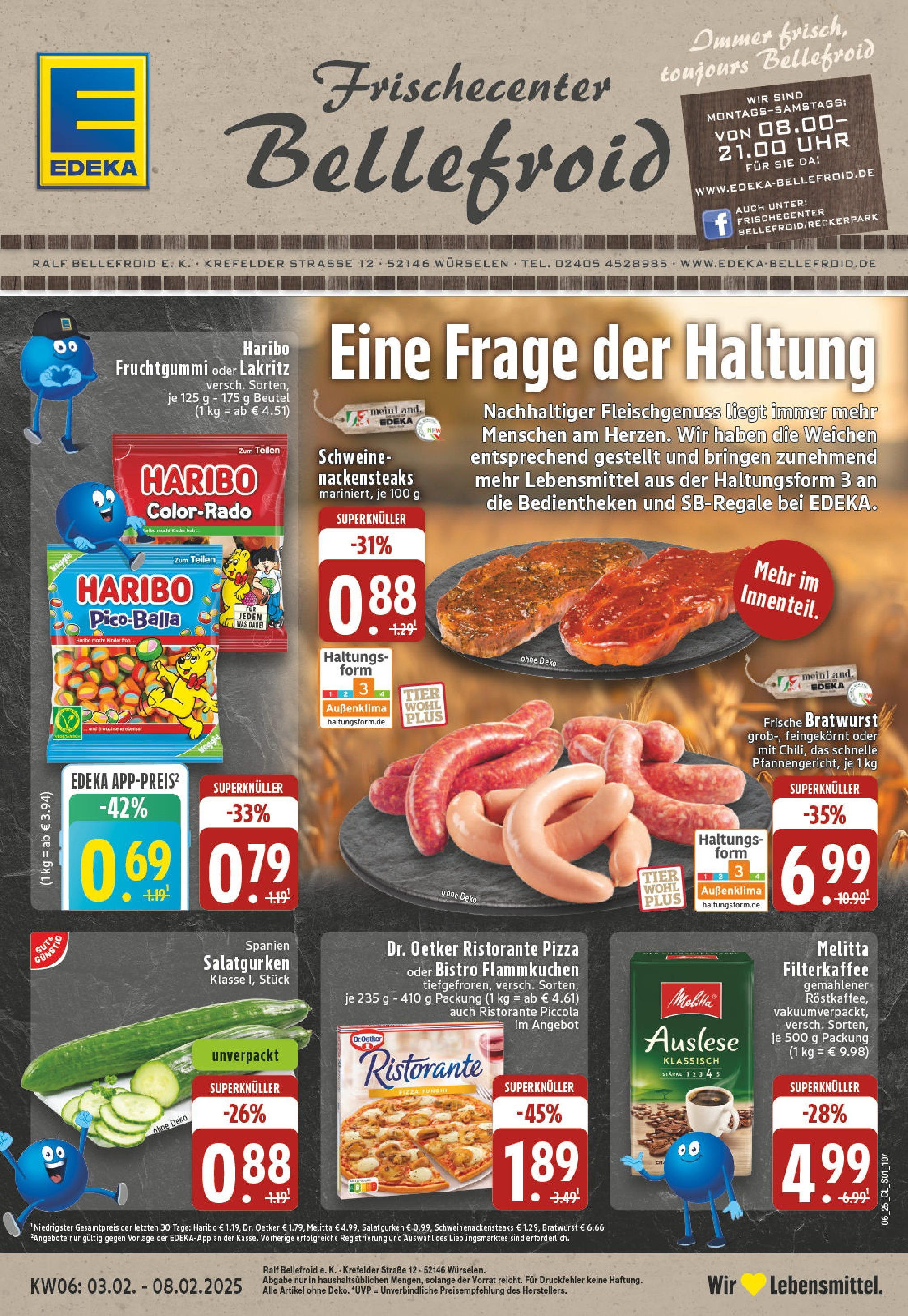 Edeka - Würselen, Krefelder Straße 1 (ab 03.02.2025) » Angebote Online | Seite: 1 | Produkte: Melitta, Haribo, Bratwurst, Pizza