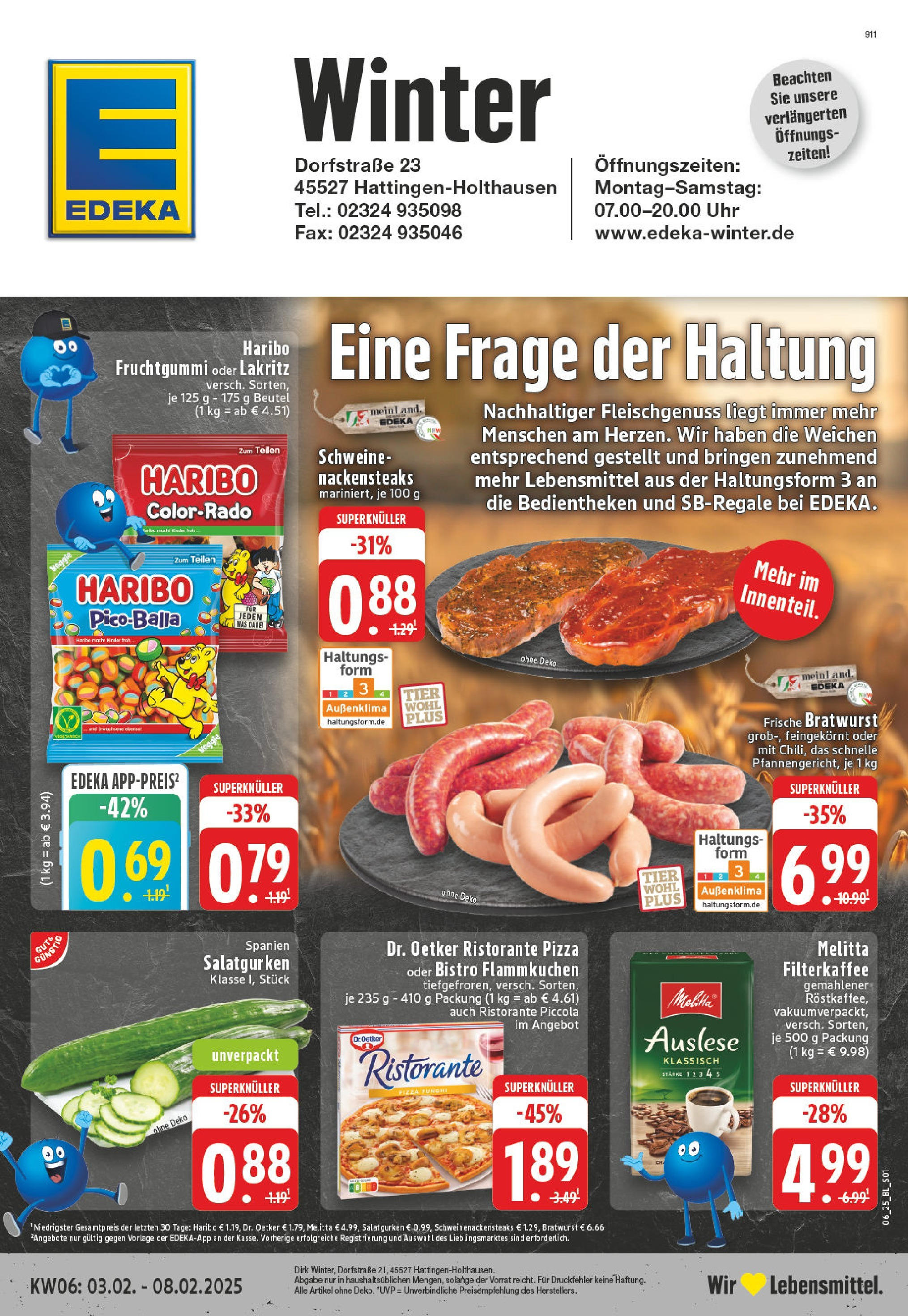 Edeka - Hattingen-Holthausen, Dorfstraße 2 (ab 03.02.2025) » Angebote Online | Seite: 1 | Produkte: Ristorante, Nackensteaks, Haribo, Pizza