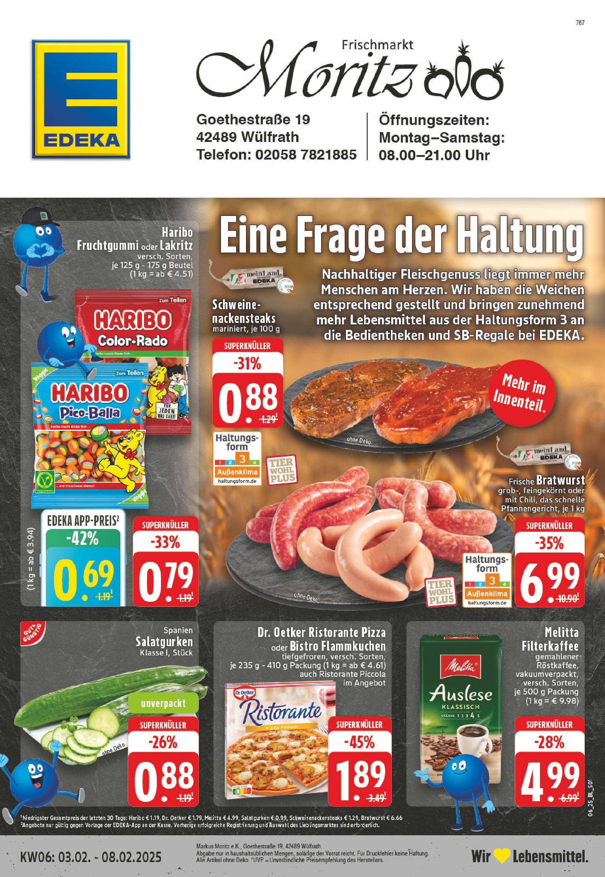 Edeka - Wülfrath, Goethestraße 1 (ab 03.02.2025) » Angebote Online | Seite: 1 | Produkte: Haribo, Bratwurst, Pizza, Telefon