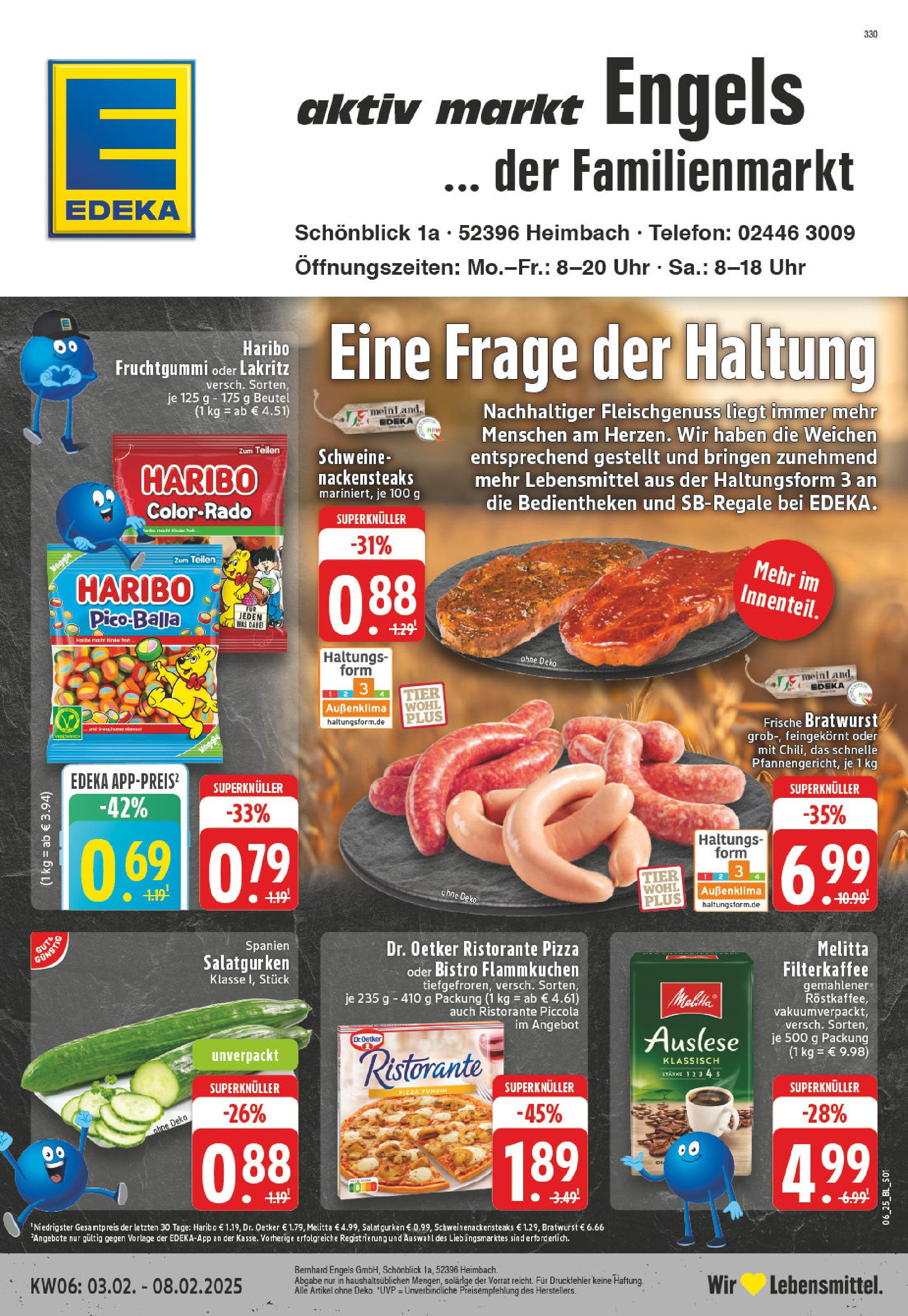 Edeka - Heimbach, Schönblick 1 (ab 03.02.2025) » Angebote Online | Seite: 1 | Produkte: Nackensteaks, Haribo, Bratwurst, Telefon