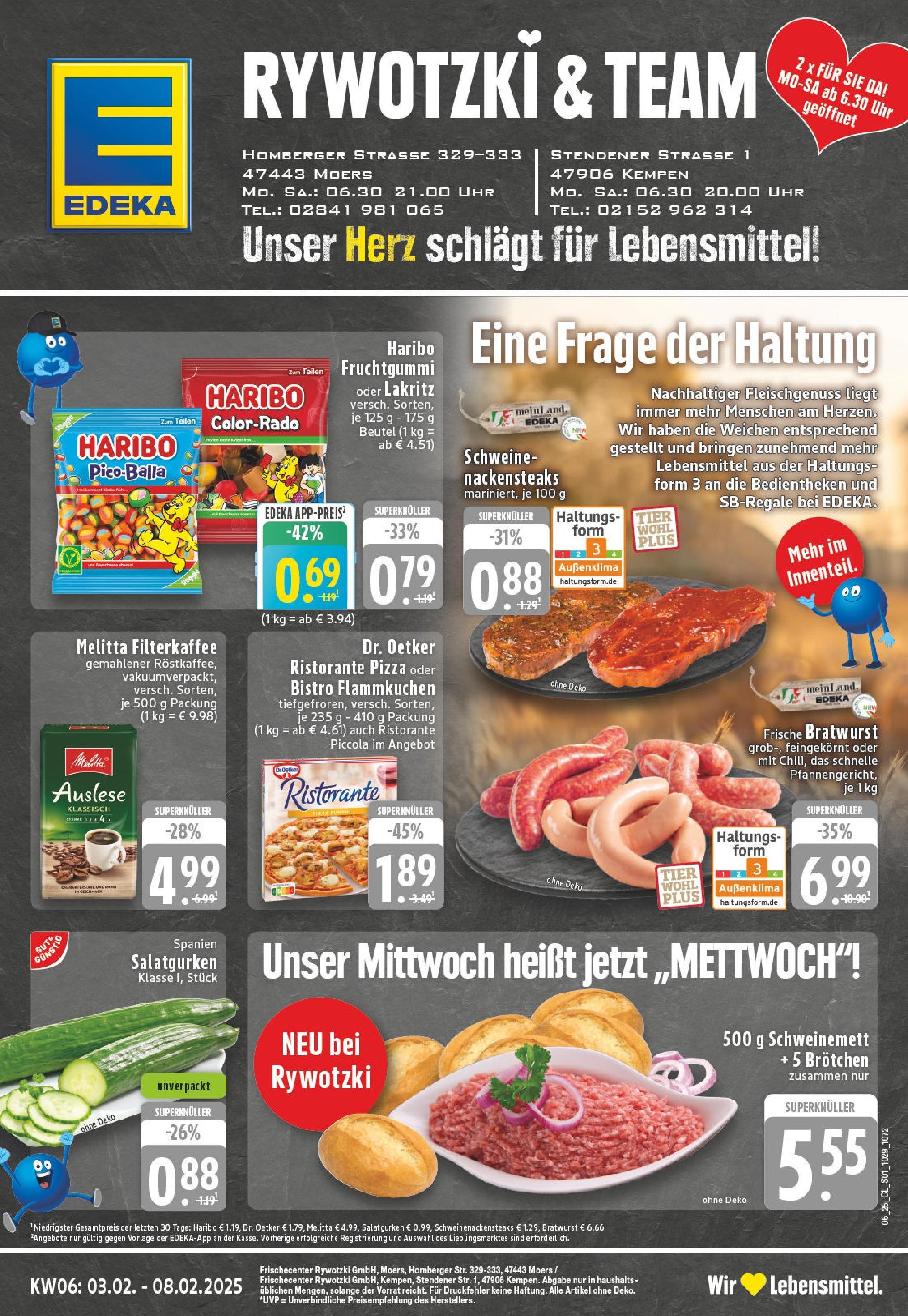 Edeka - Moers, Homberger Straße 329-333 (ab 03.02.2025) » Angebote Online | Seite: 1 | Produkte: Nackensteaks, Haribo, Pizza, Salat