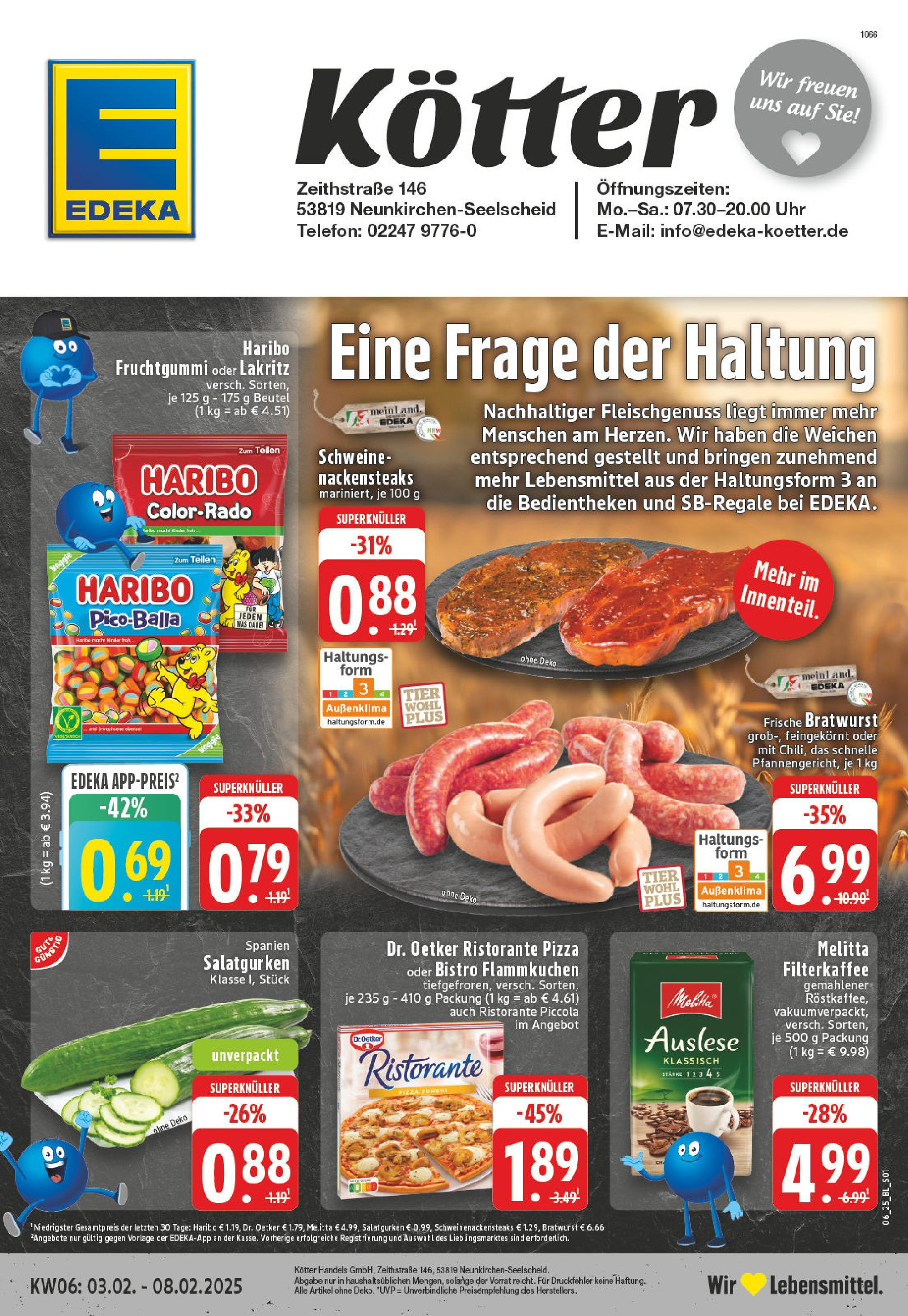 Edeka - Neunkirchen - Seelscheid, Zeithstraße 1 (ab 03.02.2025) » Angebote Online | Seite: 1 | Produkte: Nackensteaks, Melitta, Telefon, Uhr