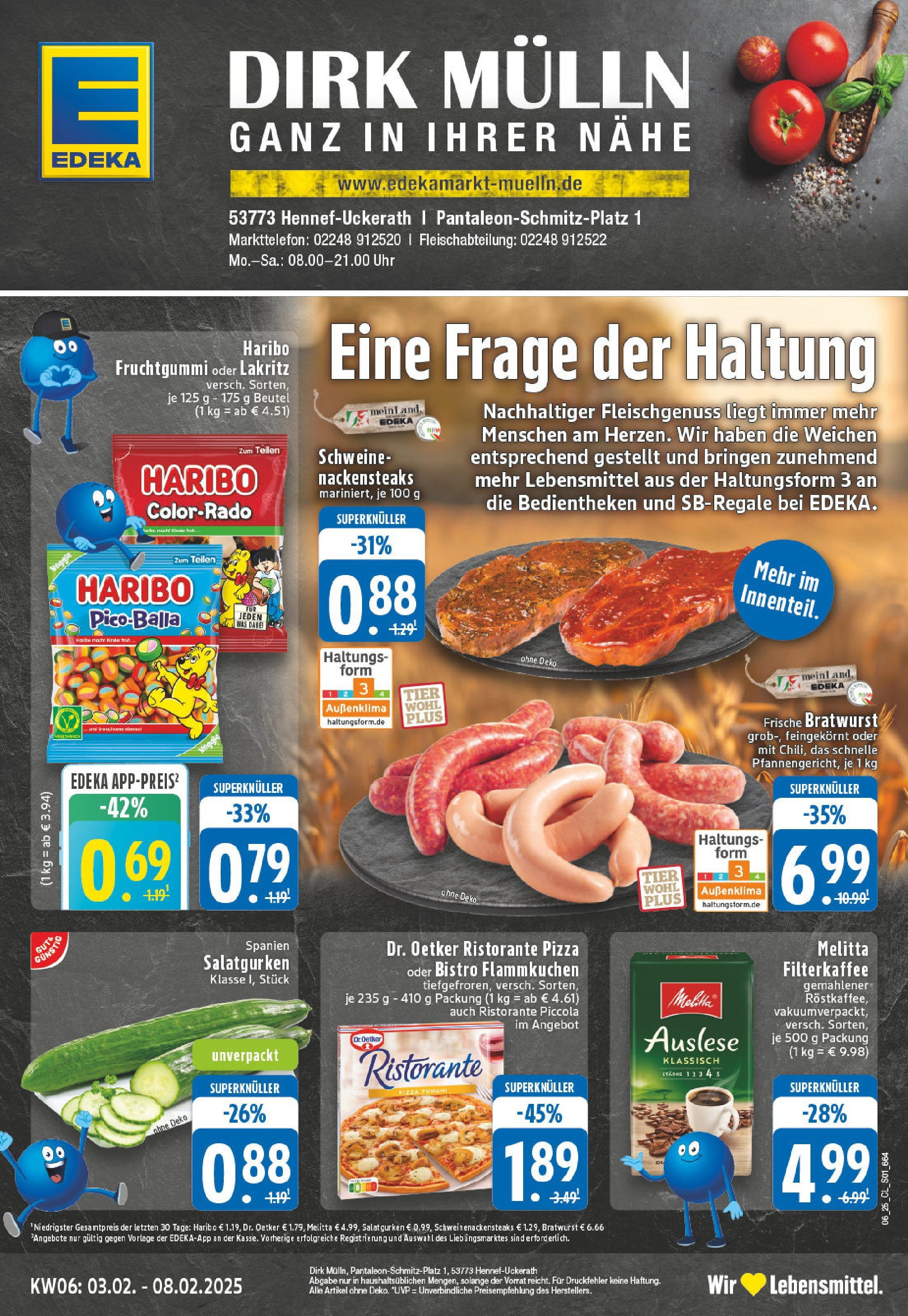 Edeka - Hennef - Uckerath, Pantaleon-Schmitz-Platz 1 (ab 03.02.2025) » Angebote Online | Seite: 1 | Produkte: Ristorante, Nackensteaks, Bratwurst, Pizza