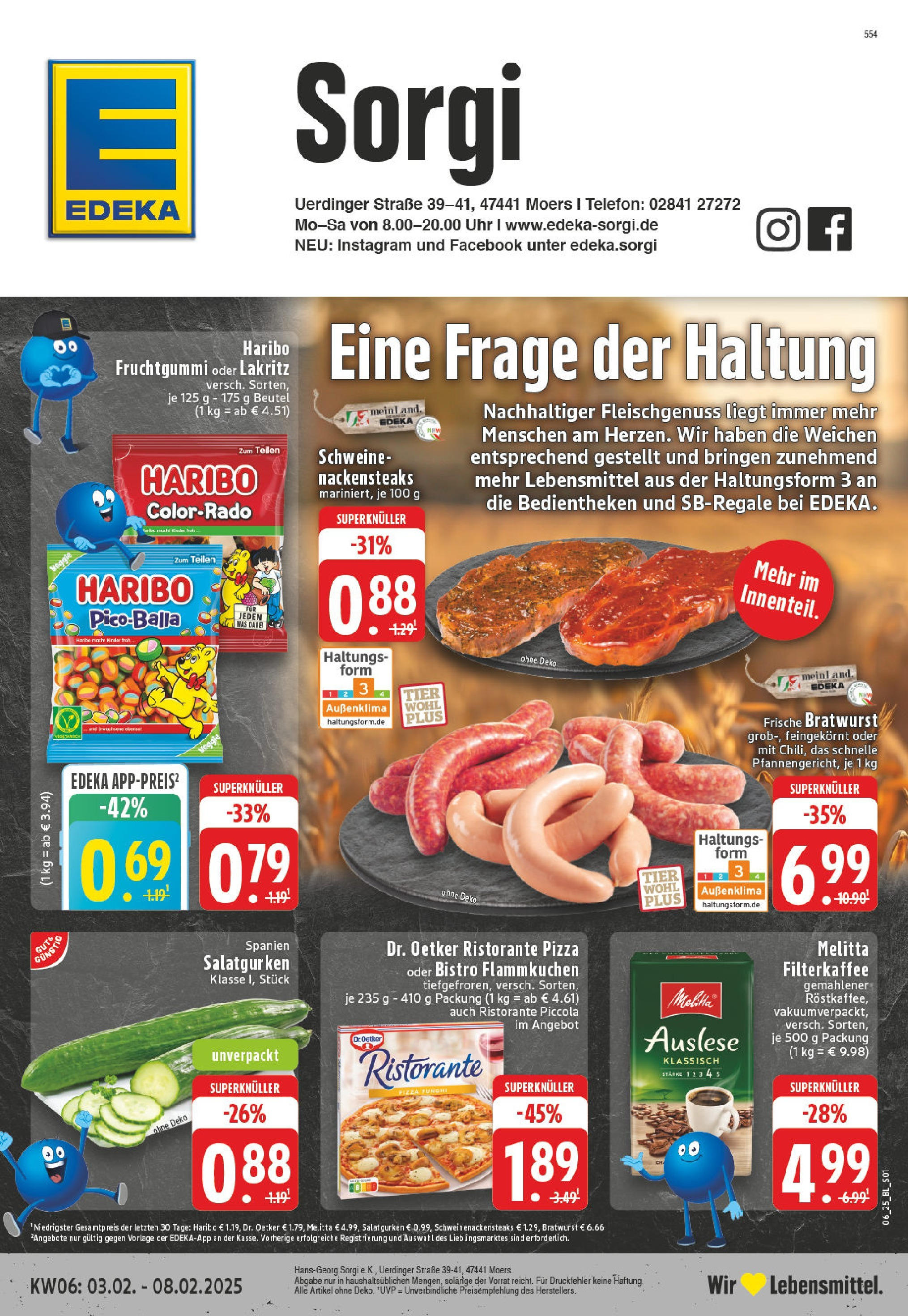 Edeka - Moers, Uerdinger Straße 39-41 (ab 03.02.2025) » Angebote Online | Seite: 1 | Produkte: Ristorante, Bratwurst, Pizza, Uhr